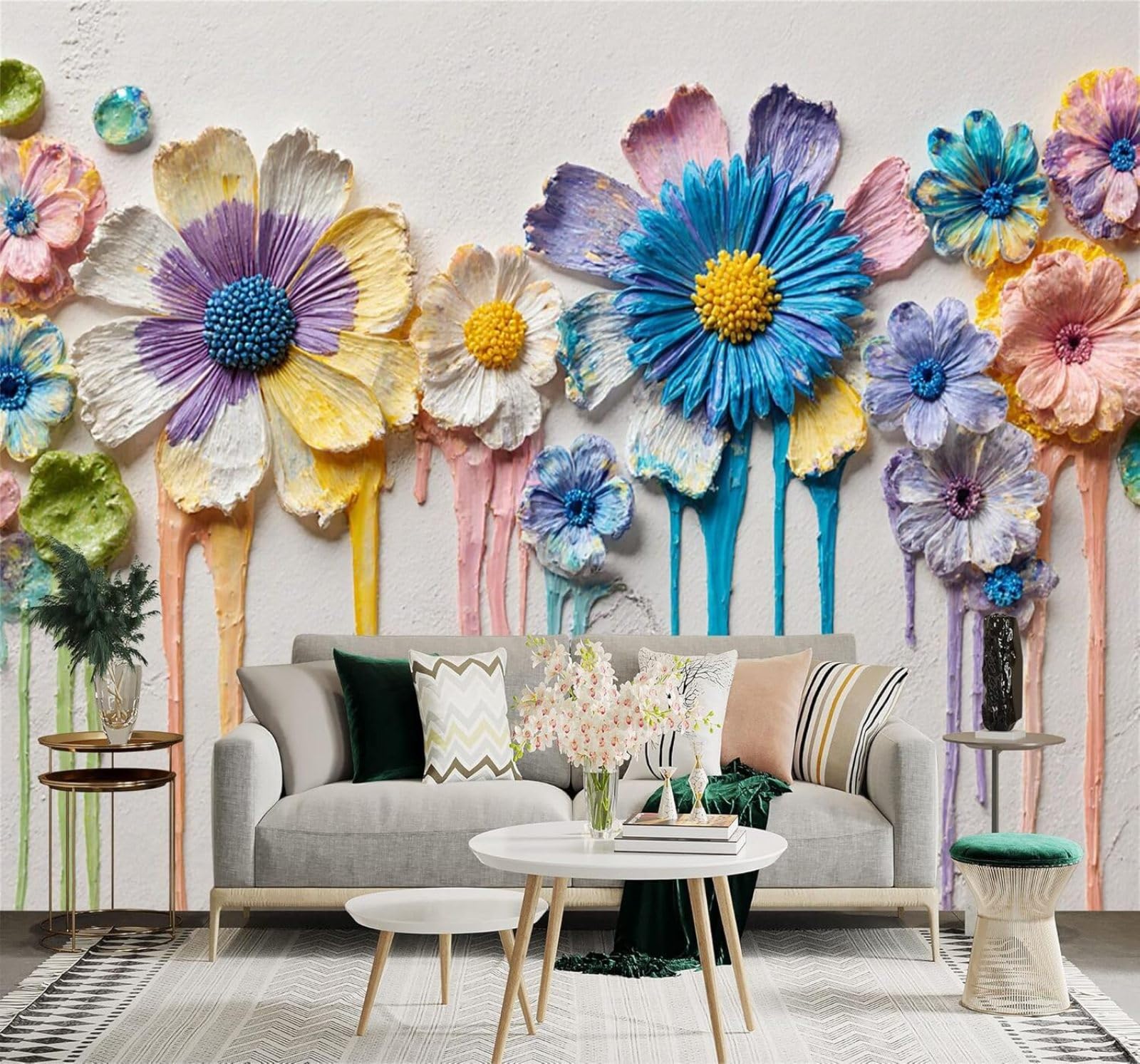 XLMING Creative Colourful Floral Textured Petals Dripping Paint 3D Wallpaper Premium Textured Silk Study Dining Living Room Bedroom Sofa TV Wall Easy Install-400cm×280cm