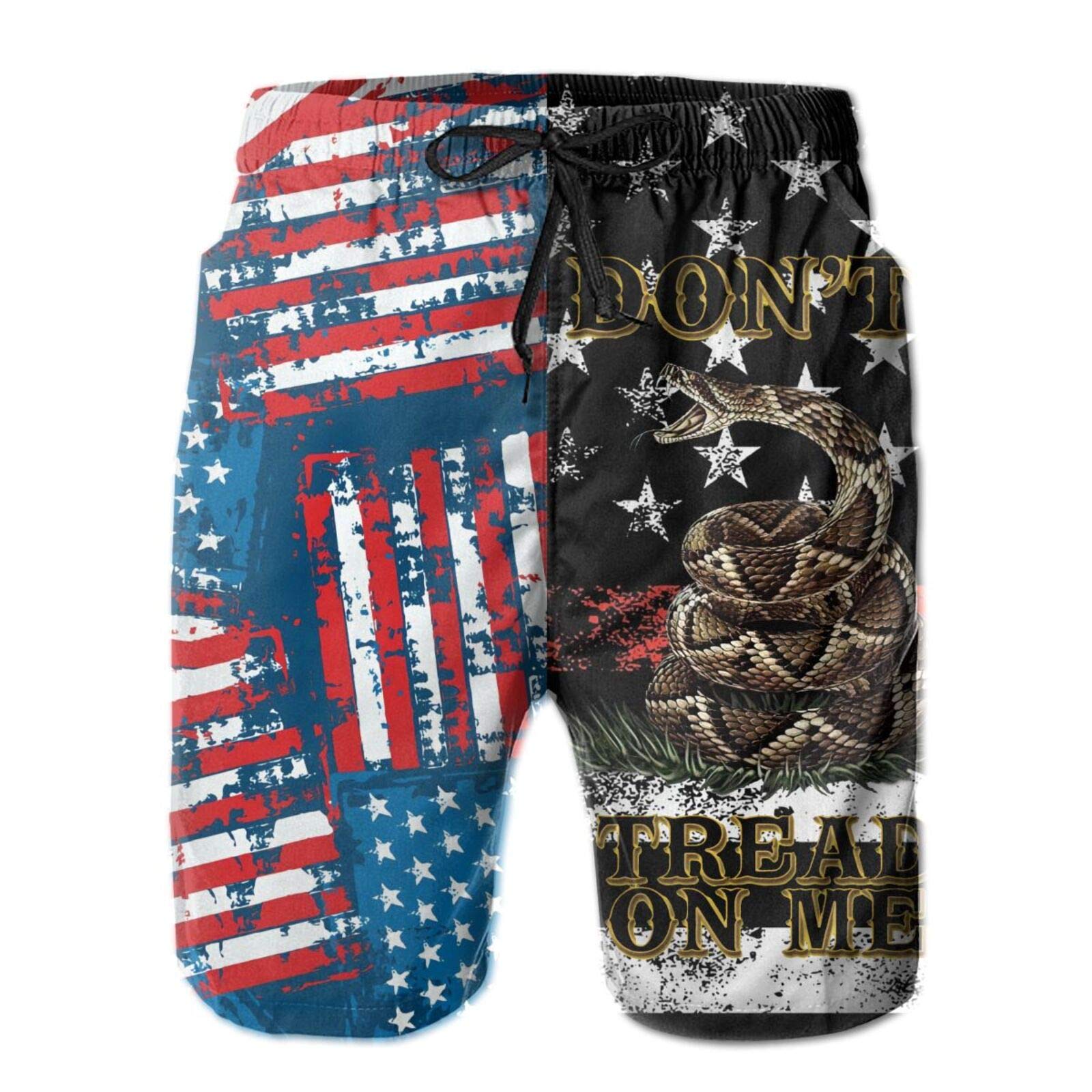 Big Boys Swim Trunks, Distressed American Flag and Gadsden Flag Don't Tread Snake On with Me Beach Shorts Lightweight Lining Swimwear Drawstring Beach Half Pants with Pockets Mesh Lining Medium