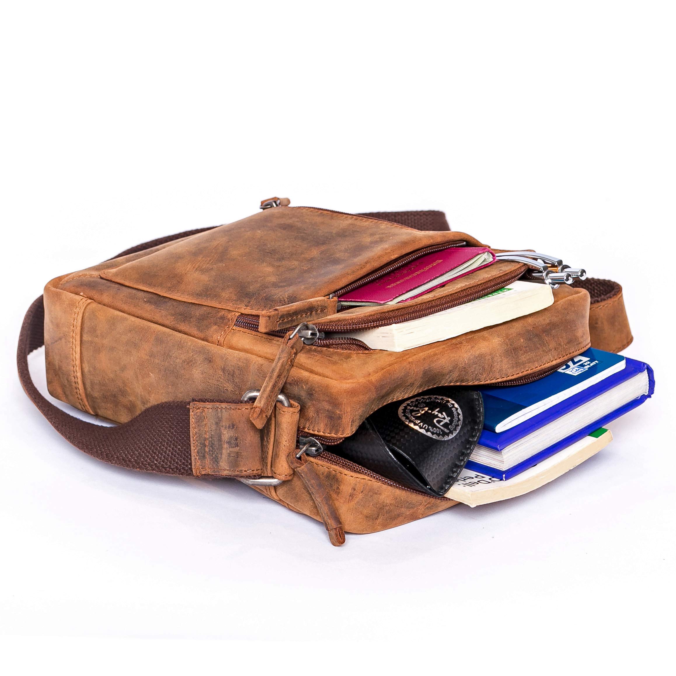 ALMADIH Leder Umhängetasche FINN Premium Rindsleder – Kompakte Messenger Schultertasche Freizeittasche City Bag Tablet Ledertasche kleine Herren Damen Unisex Tasche vintage