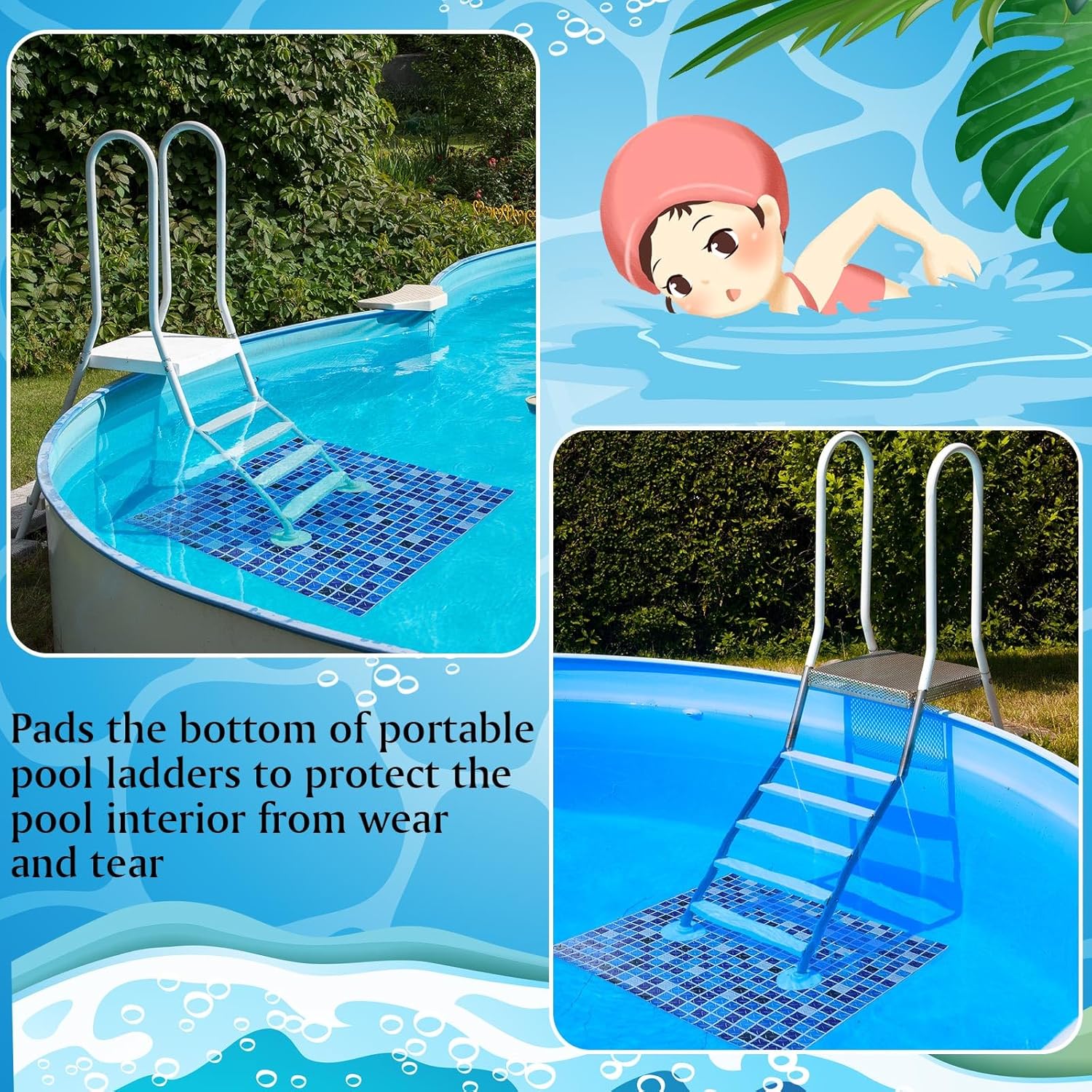 Drydiet Pool Step Mat Above Ground Ladder Mat, Swimming Protective Nonslip Step Pad with Texture, Pool Essentials Accessories for Floor Liners and Stairs, Blue Square Pattern(36 x 36 Inch)