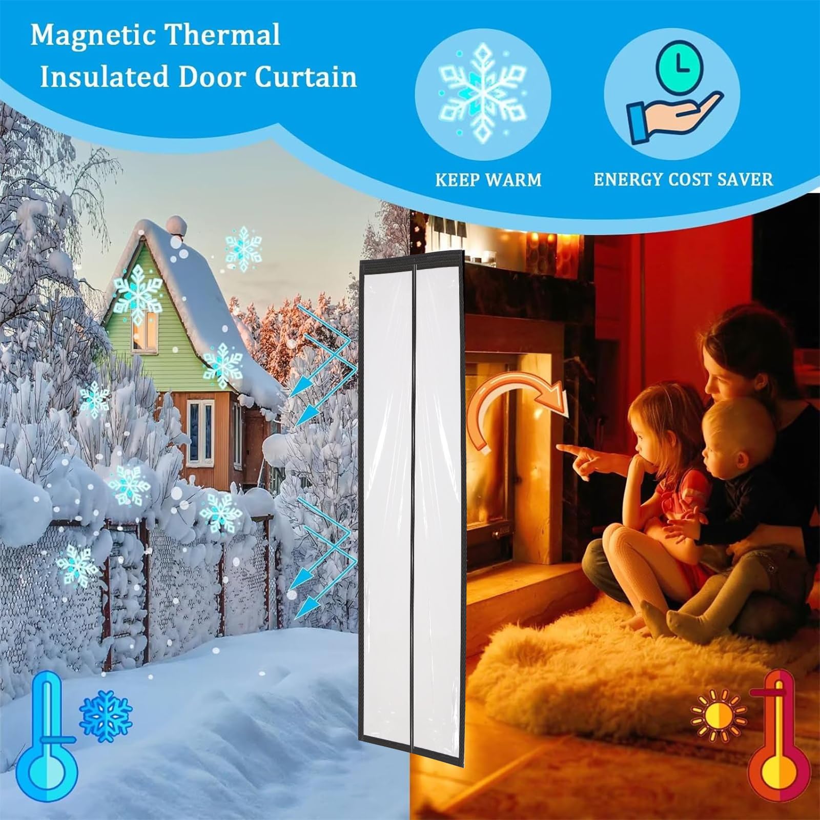 Magnétique Rideau Isolant Thermique Porte, Rideau Anti Froid | 90x200cm Noir EVA Transparent d'hiver Rideau Porte Thermique Imperméable Épreuve Isolation Porte pour Balcon Salon