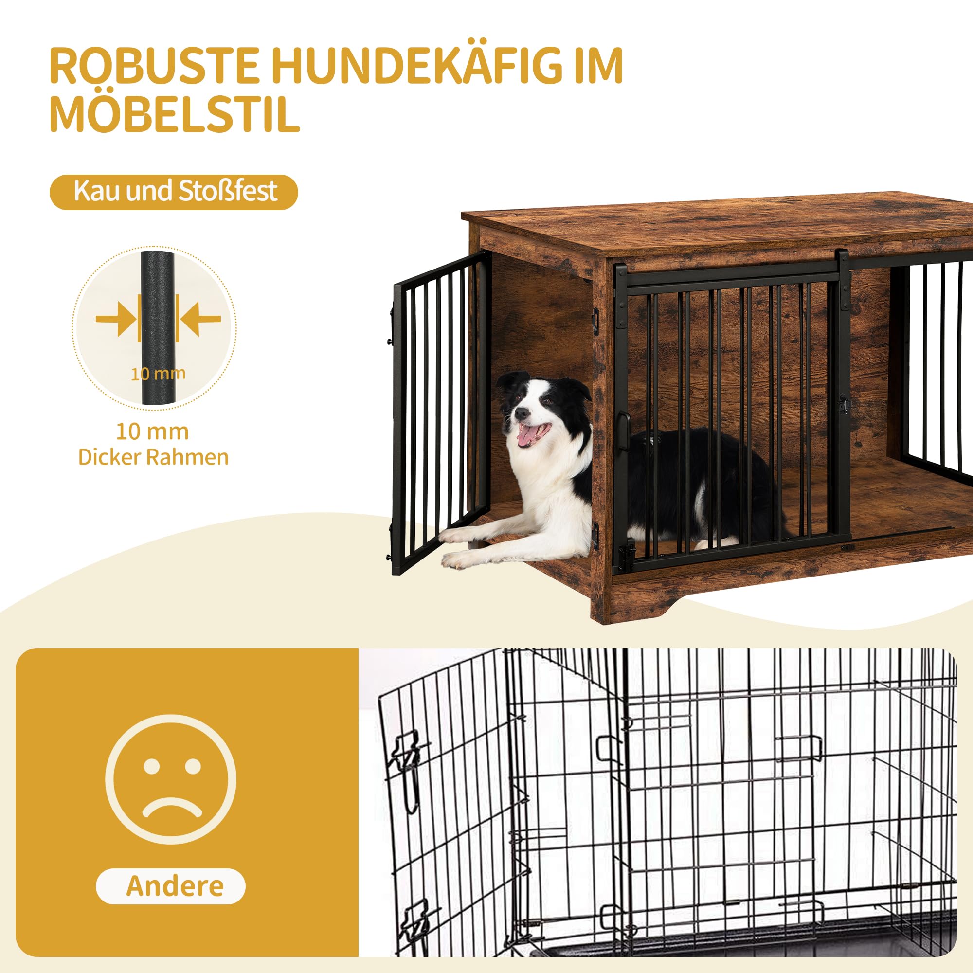 Hzuaneri Hundekäfig Möbel, 100cm hundebox für zuhause, Schiebetüren, 2 Tür, Moderne hundebox Holz Indoor für kleine/mittlere/große Hunde, Hundekäfig für Zuhause, 100 x 60 x 68 cm, Vintagebraun