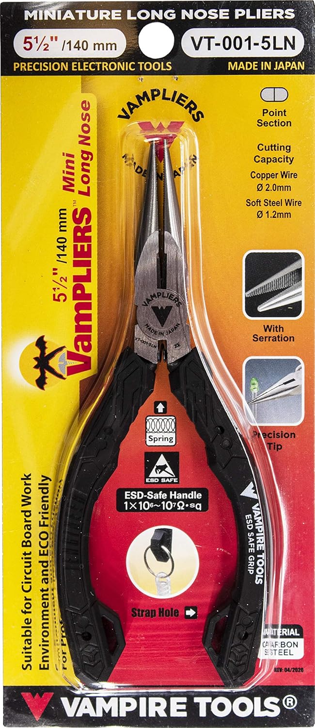 VAMPLIERS 5.5" Mini Precision Long Nose Pliers. Made in Japan. Needle Tip, Serrated Jaws, Wire Cutter & ESD Safe Grip. For Precision Work on PCB/SMD Electronics & PC Components/Electronic Repairs. - Image 7