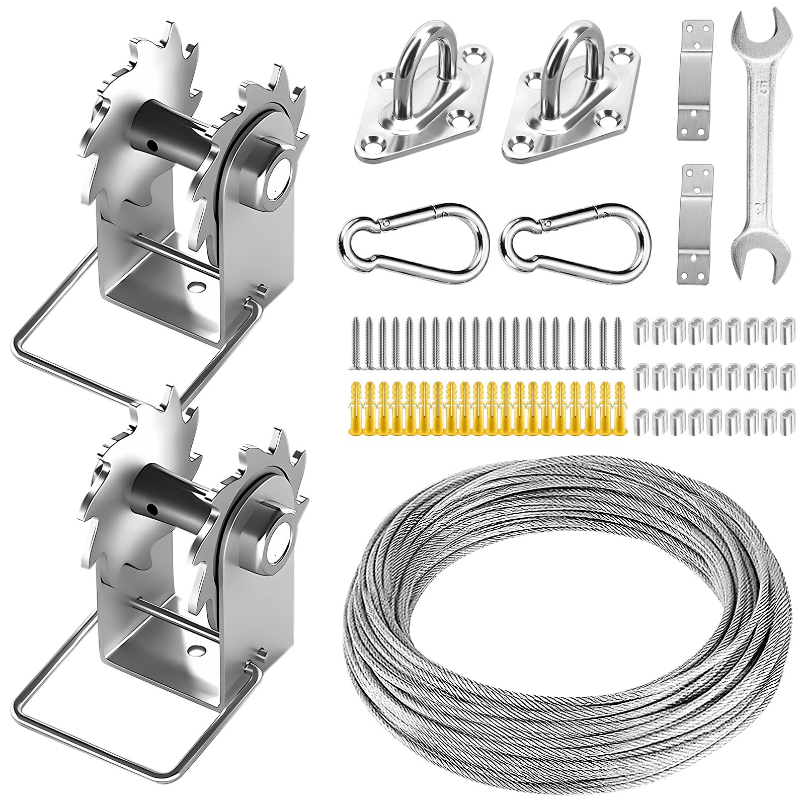 FZENeast Shade Sail Hardware Kit Include Winches & Wire Rope, Anti-Rust Stainless Steel Sun Shade Hardware Kit for Rectangle Square Triangle Shade Sail Installation(75 PCS)