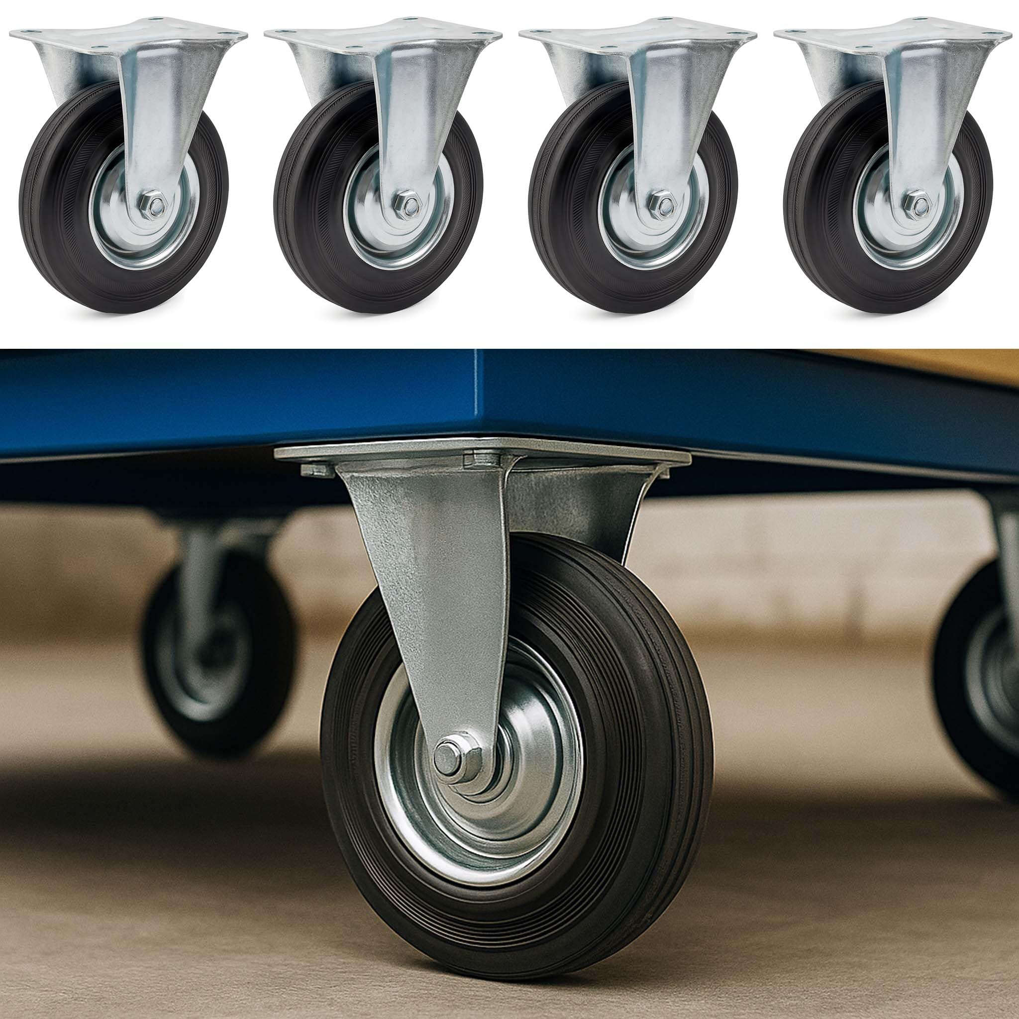 Wiltec Kit de 4 Roulettes fixes – Ø 200 mm – Capacité de charge 150 kg – Roue en caoutchouc avec Plaque de montage et Jante métallique – Dispositif de transport, usage sans traces