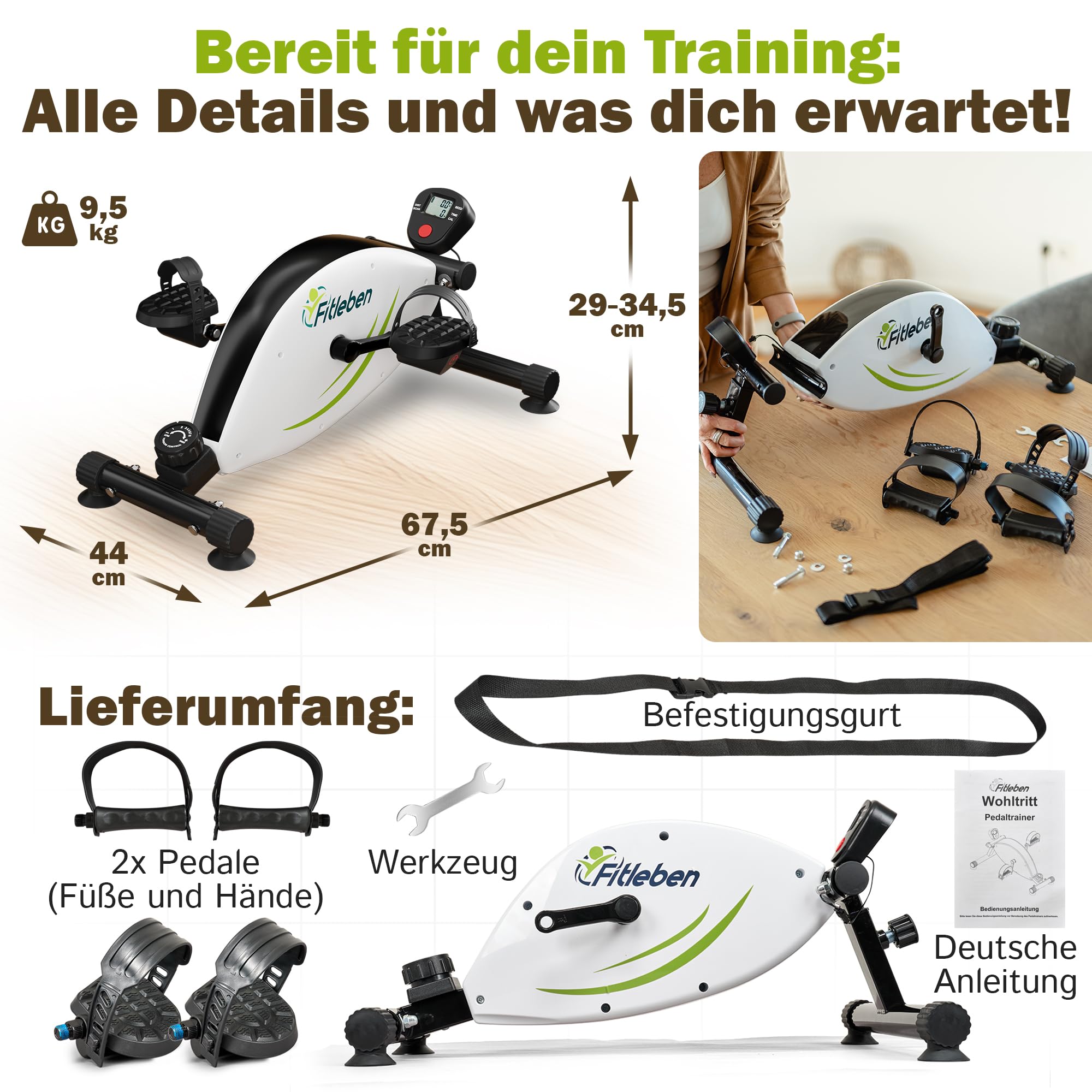 Wohltritt Pedaltrainer für Senioren höhenverstellbarer Heimtrainer gelenkschonender Armtrainer Beintrainer Tischfahrrad Deskbike