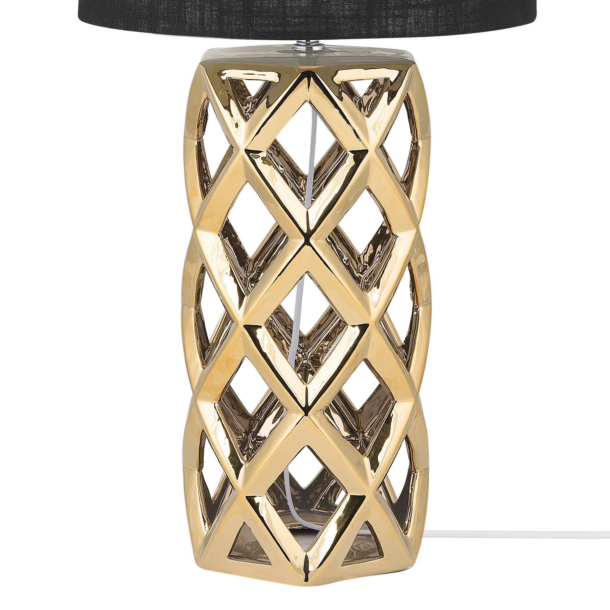 Beliani Tischlampe Keramik geometrisch gold mit Stoffschirm Trommelform schwarz Sejla