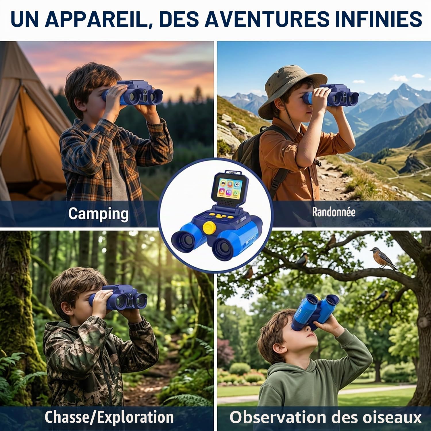 Jumelles Enfant Zoom Optique 10x Appareil Photo 48 MP Vidéo 1080P Vision Nocturne 25 m Bleu Foncé