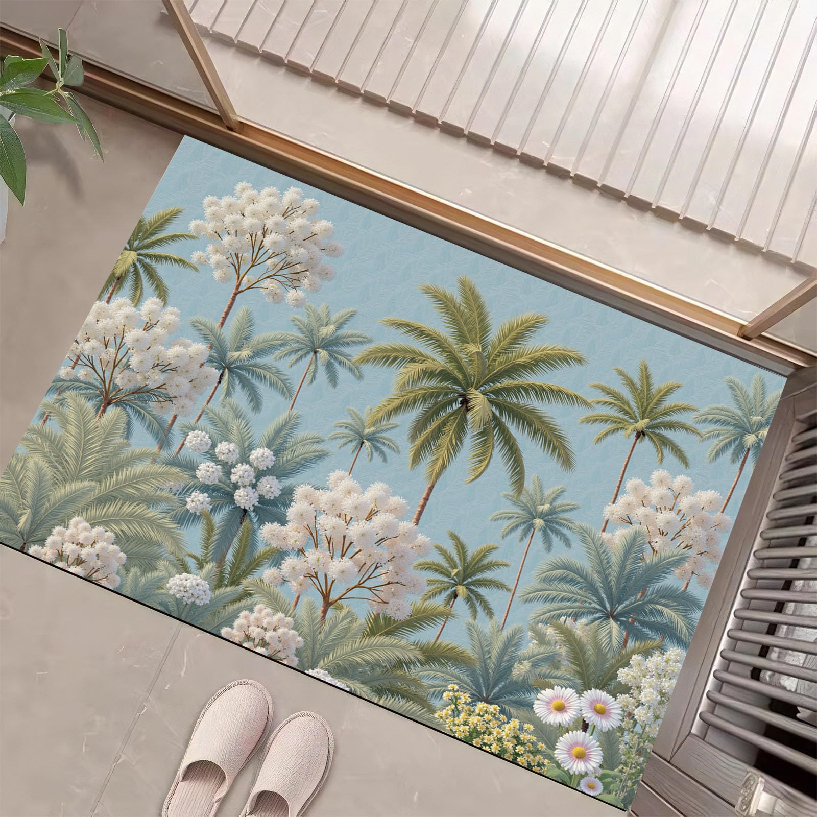 Tapis entrée fleurs de palmiers idéal pour sublimer le couloir et le balcon