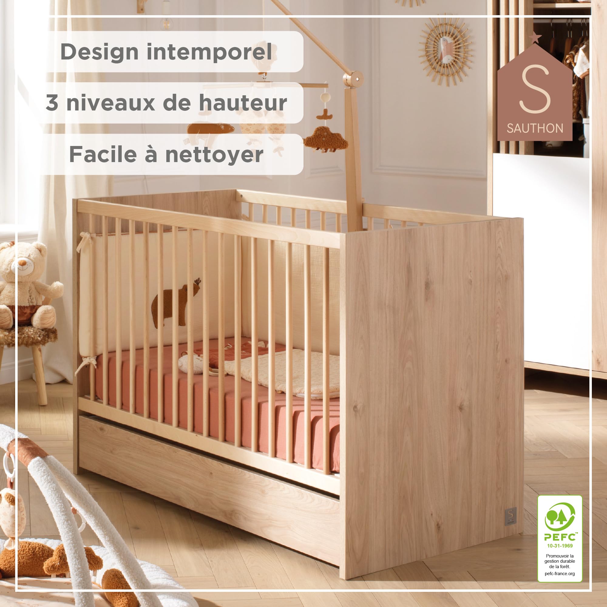 Sauthon Lit bébé 120x60 à barreaux en Bois décor chêne Suave