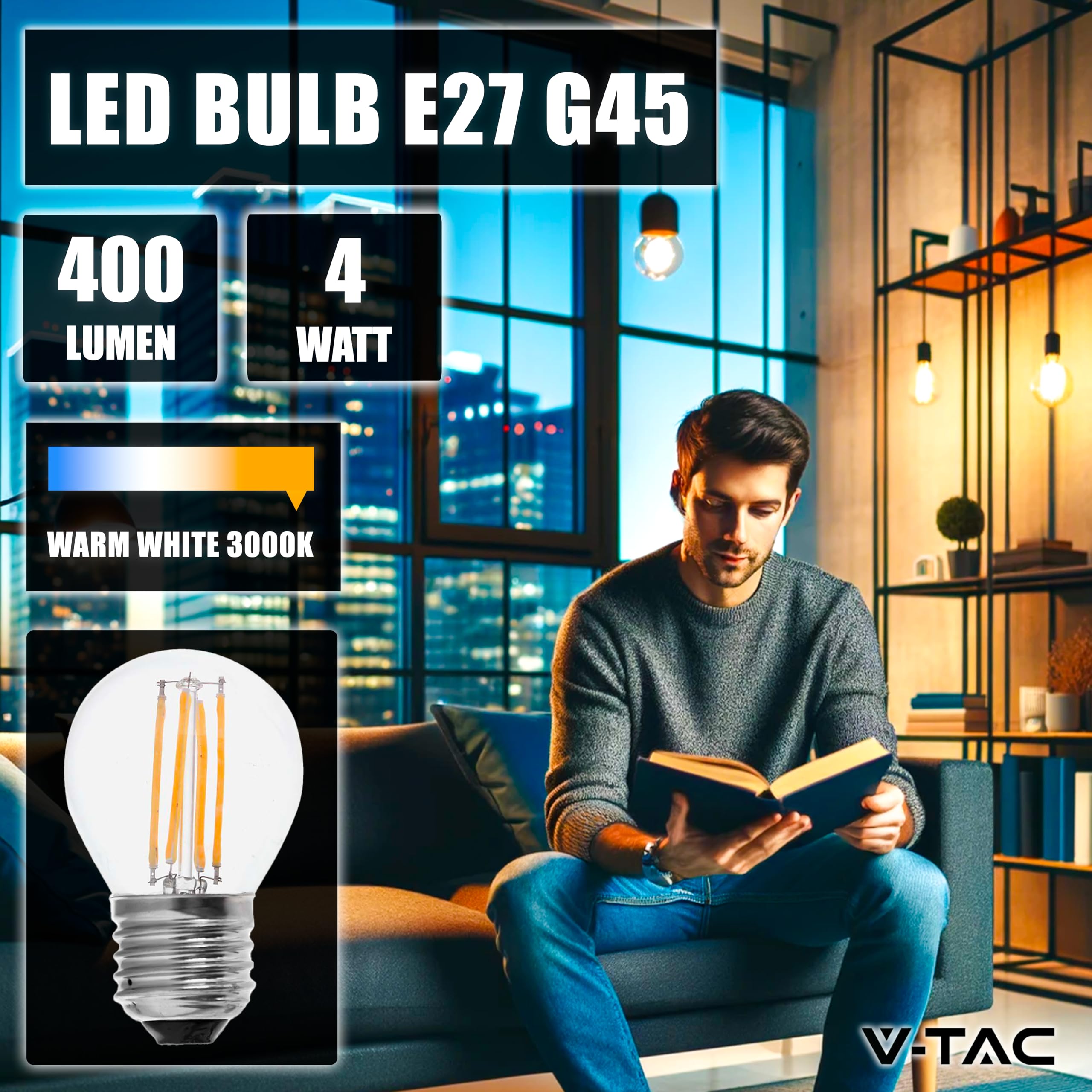 V-TAC 6x Lampadine LED Filamento G45 Attacco E27-4W (Equivalenti a 35W) - 400 Lumen - Lampadina Massima Efficienza e Risparmio Energetico - Luce Bianca Calda 3000K, 214306-6 (Confezione da 2)