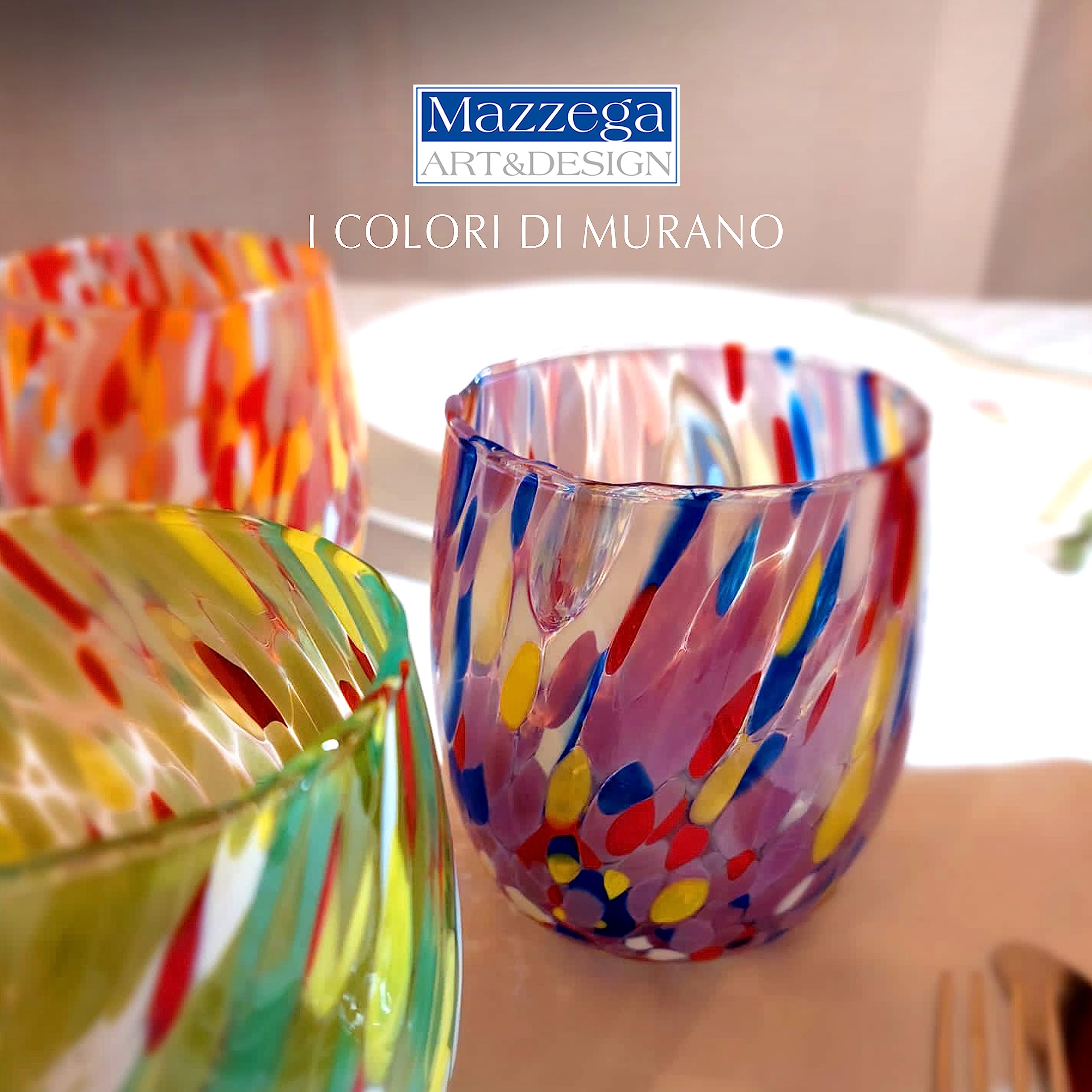 MAZZEGA ART & DESIGN - 2 x ręcznie dmuchane i oryginalne szklanki do wody Murrine Murano - kolory Murano - Columbine 435 ml. Wyprodukowano we Włoszech (fioletowy, 2)
