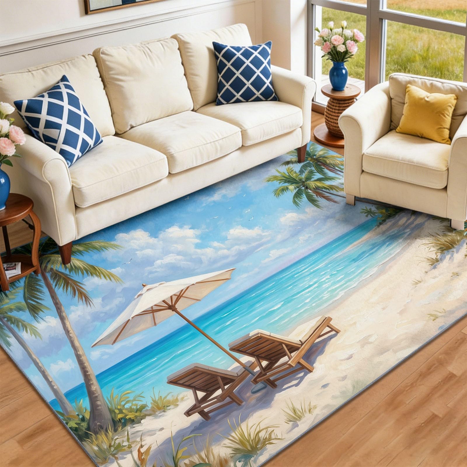 Tropische Landschaft Teppich - Rutschfester Waschbarer Niedriger Flor Teppich für Wohnzimmer, Schlafzimmer, Kinderzimmer, Esszimmer - Liege Sonnenschirm Blauer Meer Strand Kokospalmen, 120 x 170 cm