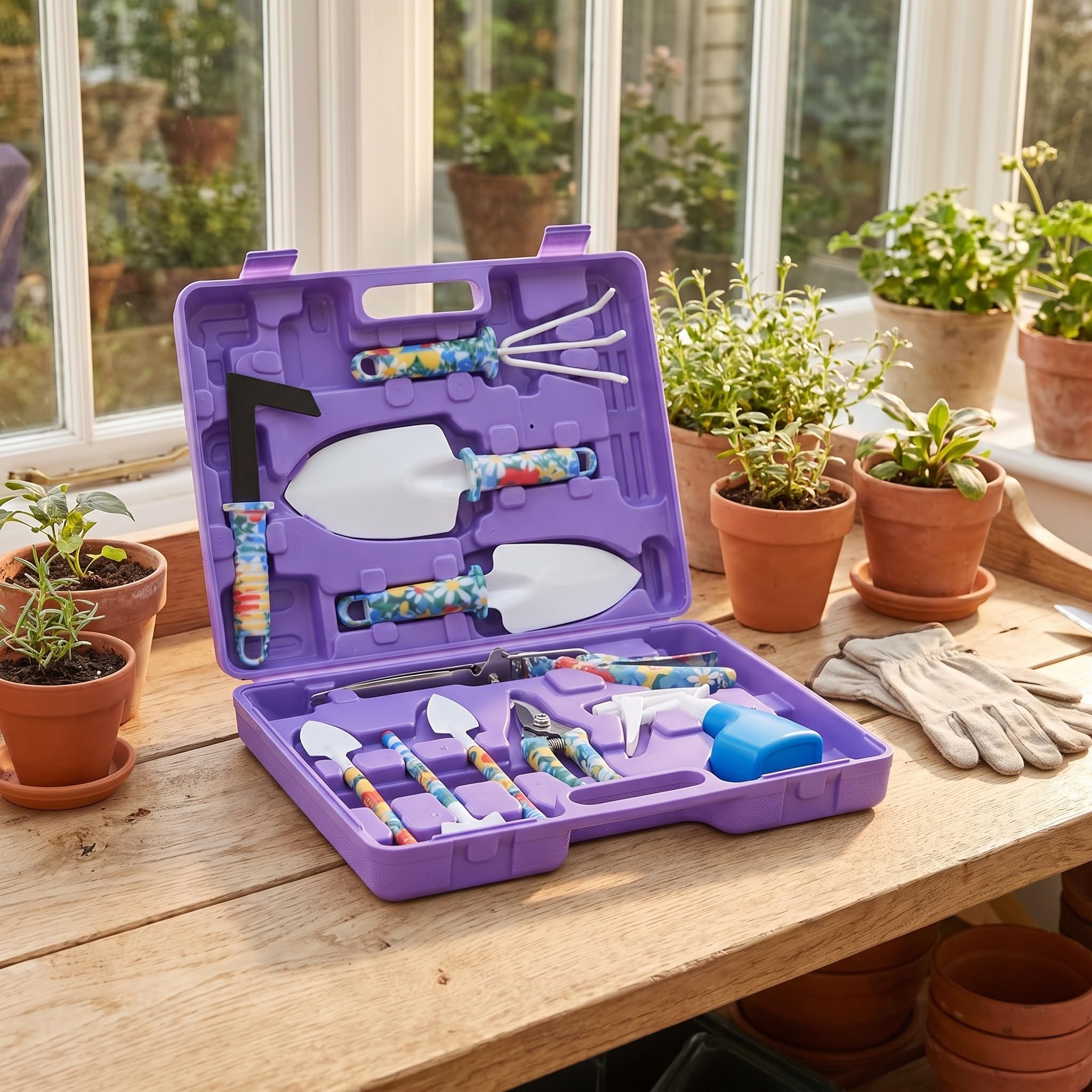 Juego De 10 Herramientas De Jardinería: Kit Completo De Jardinería De Plástico con Palas, Rastrillo, Tijeras, Desbrozadora, Pulverizador De Agua Y Estuche De Purple