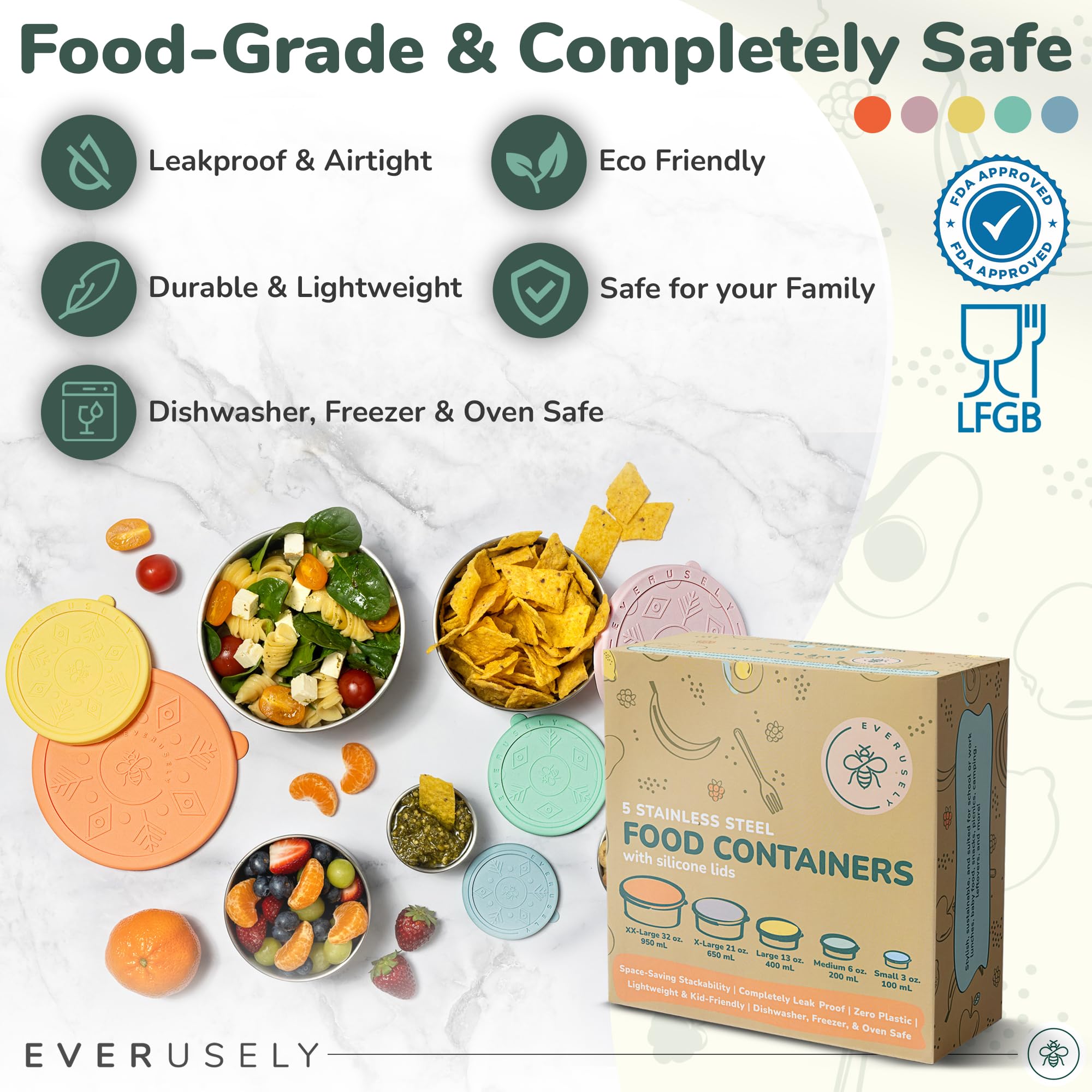 Everusely Stainless Steel Containers with Lids, Leakproof Stainless Steel Lunch Containers, Stackable Stainless Steel Food Containers with Lids, Metal Food Containers with Lids, Snack Containers