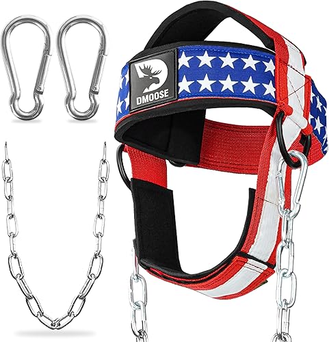 DMoose Fitness Neck Harness for Weight Lifting - Soft Padded Head & Chin Strap with 30" Heavy Duty Steel Chain - Neck Exerciser, Trainer &