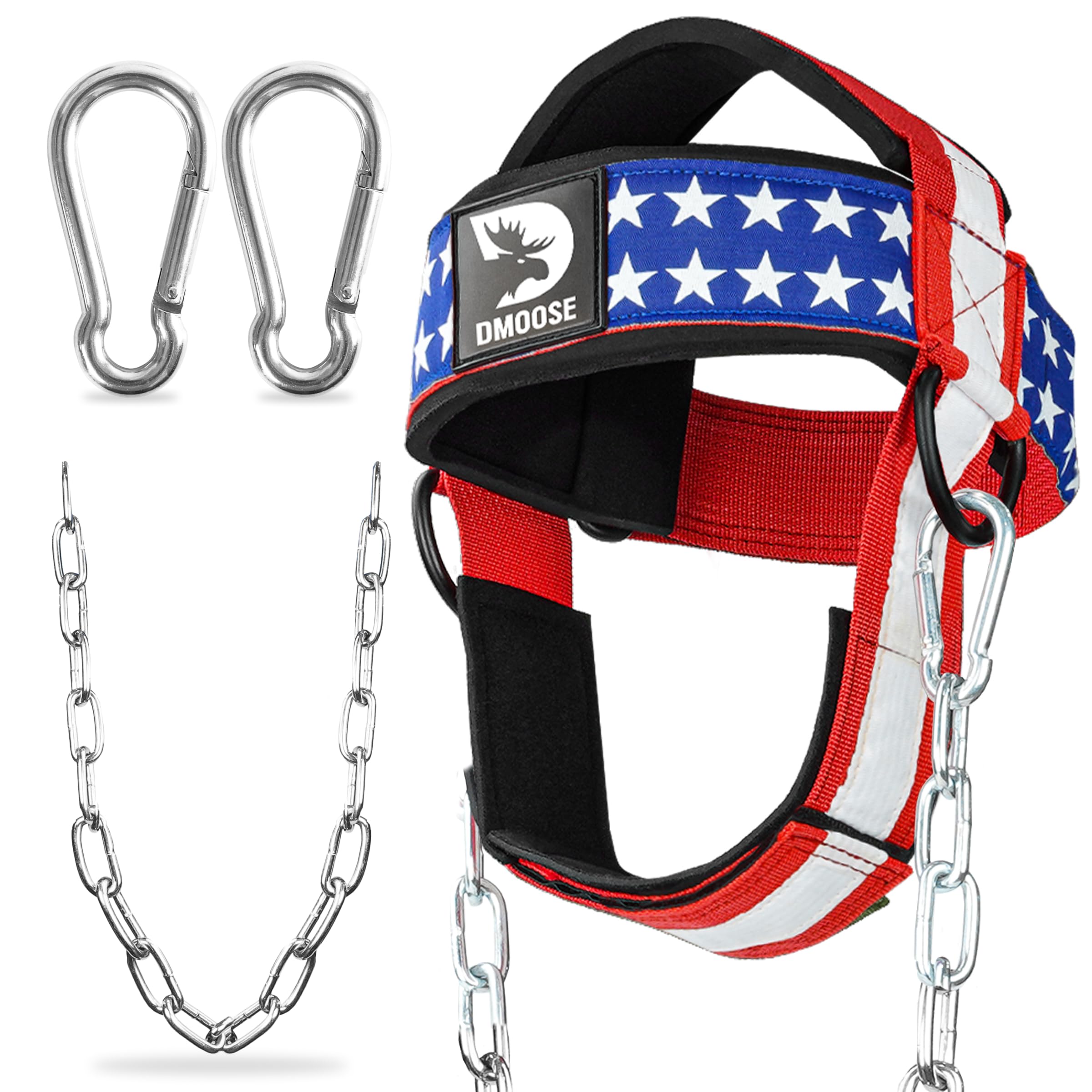 DMoose Fitness Neck Harness for Weight Lifting - Soft Padded Head &amp; Chin Strap with 30" Heavy Duty Steel Chain - Neck Exerciser, Trainer &amp; Strengthener to Support Injury Recovery and Intense Workouts