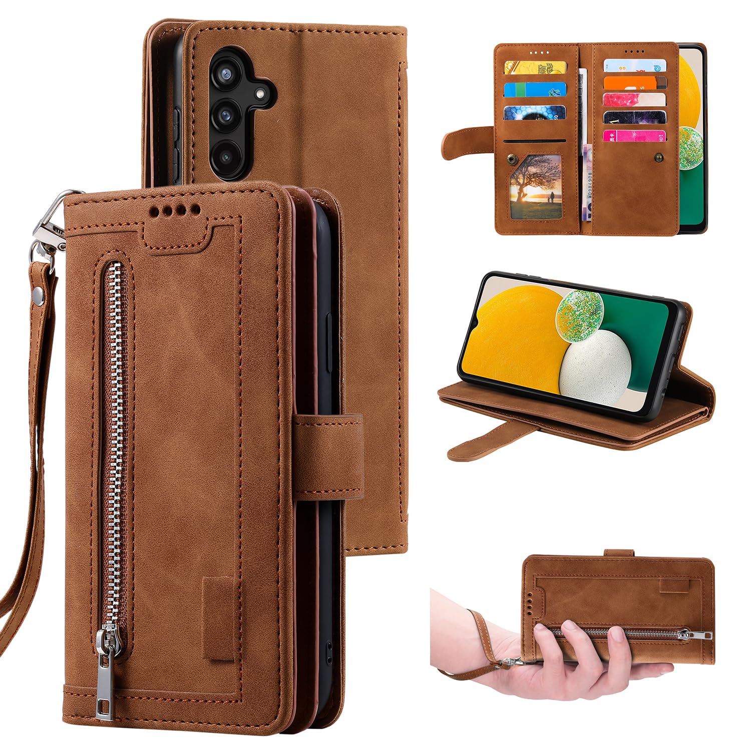 UEEBAI Wallet Case for Samsung Galaxy S24 Plus/S25 Plus 5G, 9 Card Holder Slots Zipper Pocket Handbag Case Magnetic Closure Kickstand with Wrist Strap