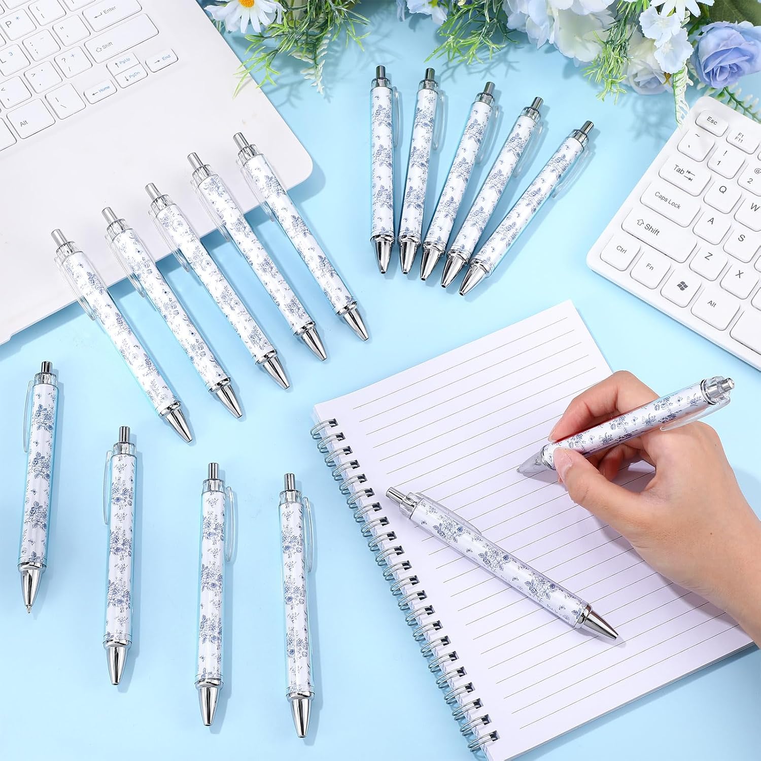 Tenceur 50 Pcs Blue and White Floral Ballpoint Pens Blue Flower Fancy Pens Porcelain Gift for Wedding Baby Bridal Shower Party 1.00 mm Black Ink Butterfly Writing for Office Supplies Journaling
