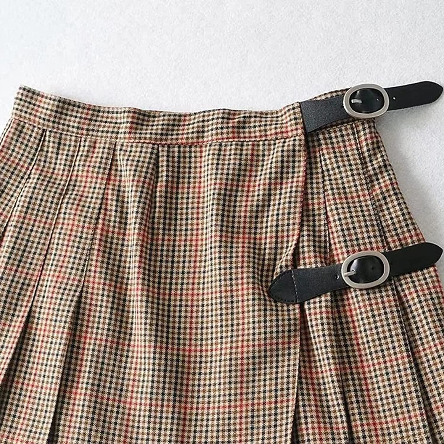 Fiables Mujeres Faldas Plisadas Cintura Alta Hebilla Correa Estilo Falda Corta Elegante Cintura Alta Plaid Party Falda