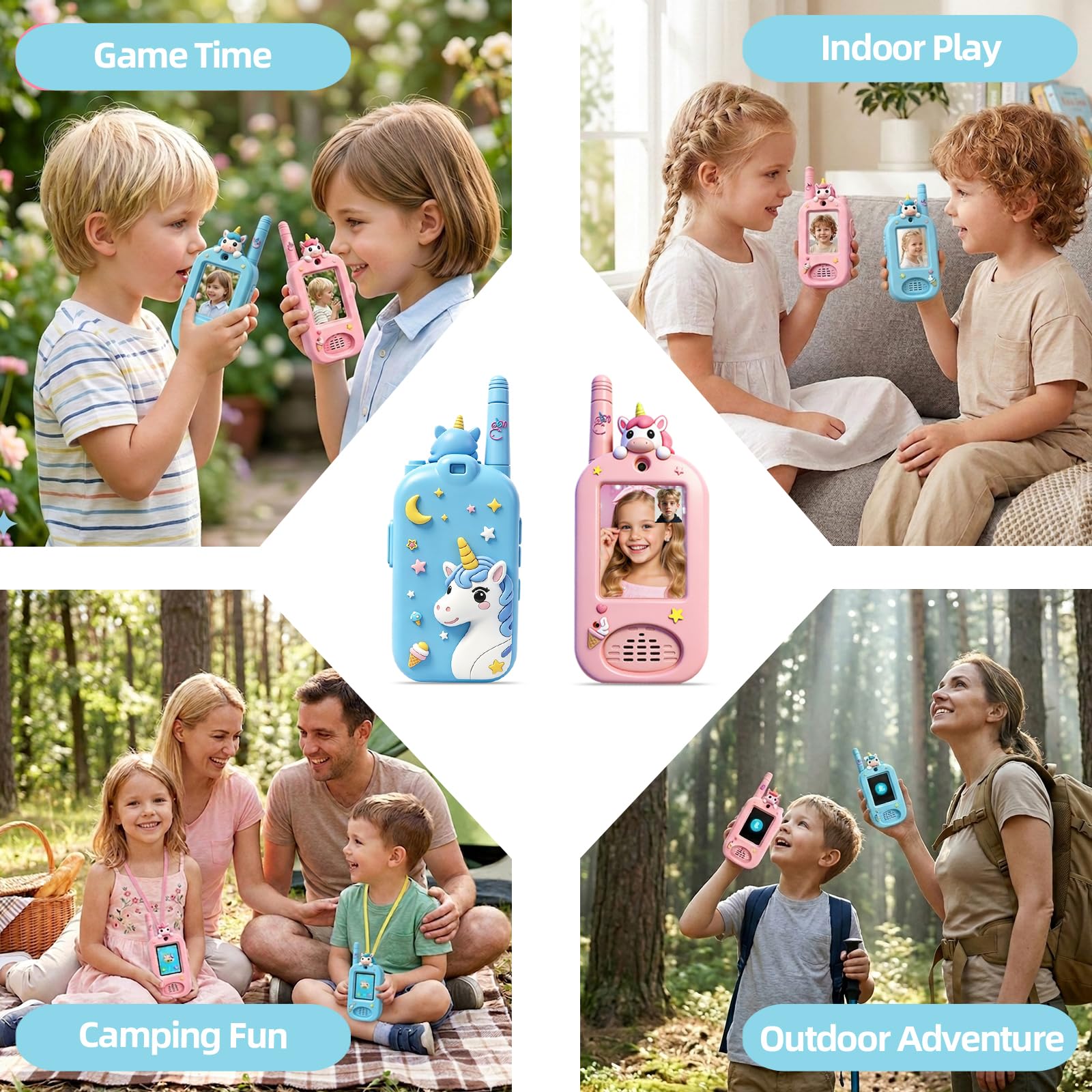 Kinder Video-Walkie-Talkies, 2er-Set, wiederaufladbar mit HD-Kamera & Display, Fotospeicher, Zwei-Wege-Video- & Sprachfunktion mit Stimmenverzerrer, für drinnen & draußen, 3–12 Jahre (Pink & Blau)
