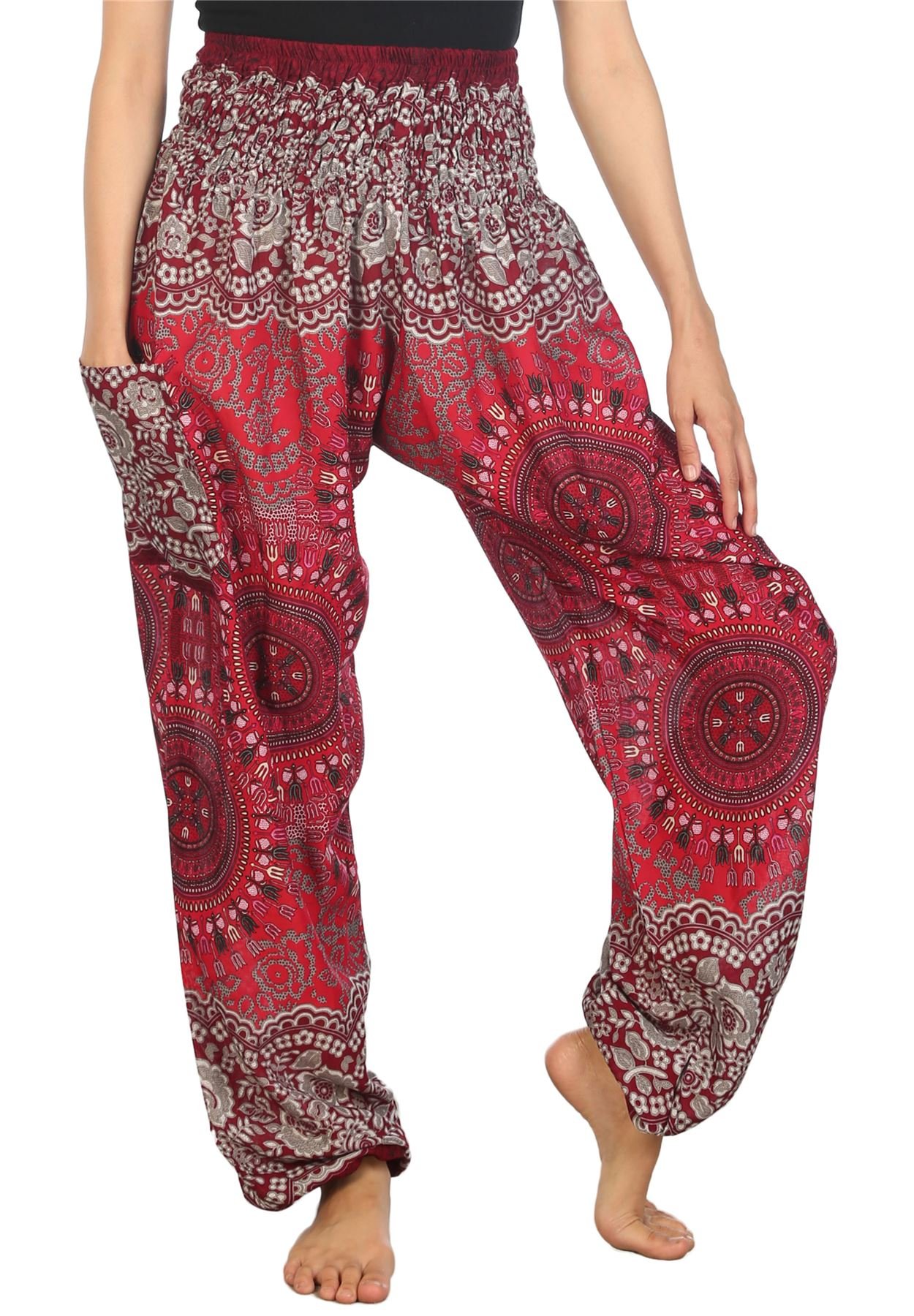 Lofbaz Women's Rose 2 Burgundy Rose Flower 2 Smocked Waist Harem Pants Burgundy Size 3XL