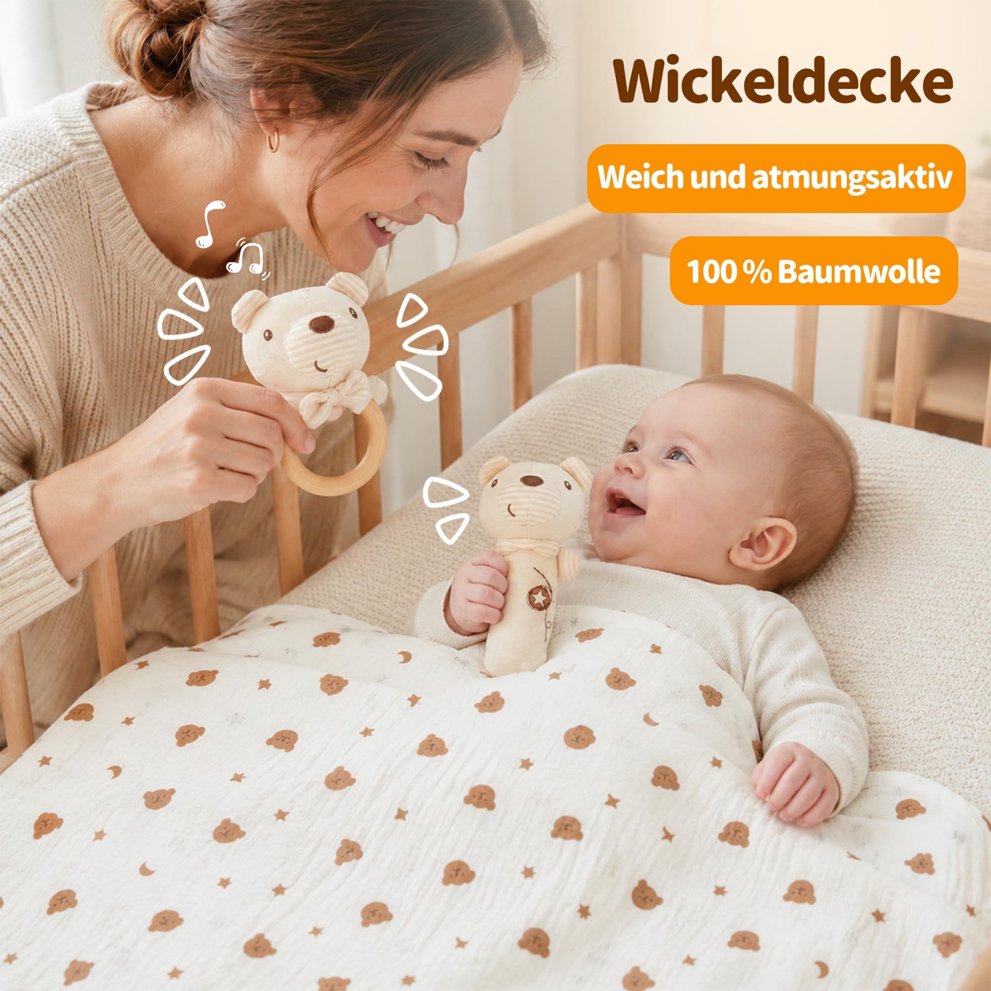 Baby Geschenk Junge, Neugeborenen Set mit Decke, Holzrassel, Haarbürste | Geburtsgeschenk: Neugeborenen Set mit Decke, Handschuhen, Holzrassel, Haarbürste und Polsterbürste.