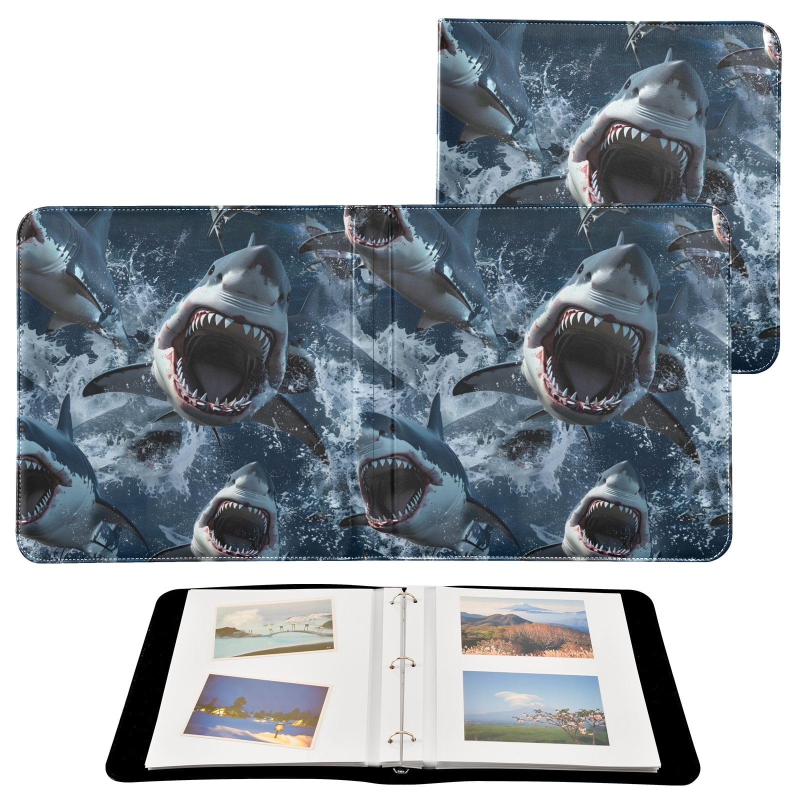 JIPONI Fierce Sharks Large Photo Album, DIY Leather Cover Scrapbook Albums for 4x6 5x7 6x8 Pictures, Self Adhesive Memory Book for Wedding, Baby, Family