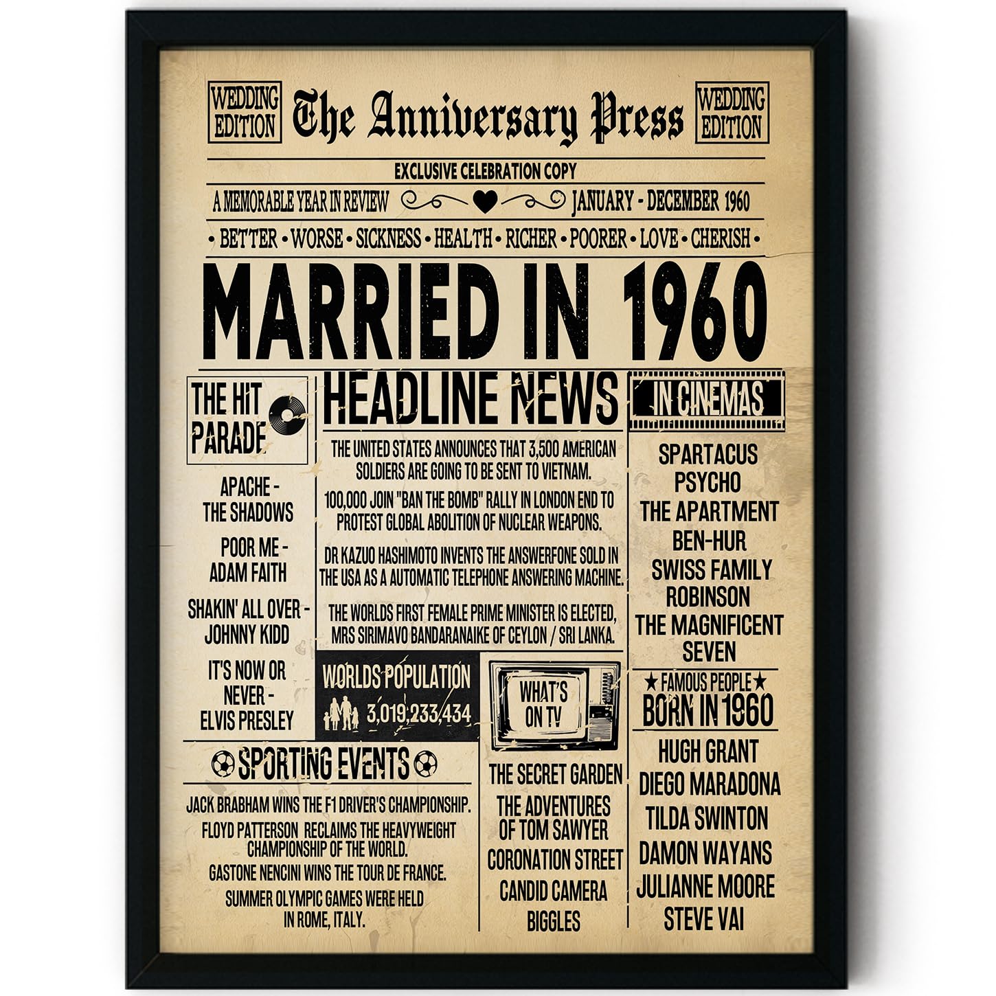 Stuff4 Men's 1960 66Th Anniversary Poster Framed - Married In Newspaper - 66 Wedding Anniversary For Wo Retro Vintage Gifts Back In 8X10 Inch Anniversaries Posters