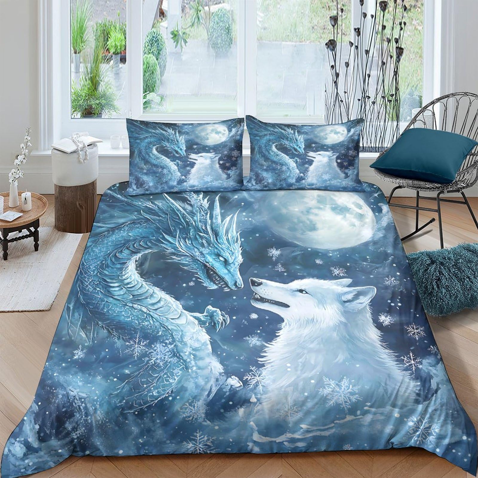 Ctjqhvkz Style-9 3D Printed Blue Dragon Fitted Sheet Microfiber Soft Moon Wolf Mattress Cover For Bedroom Guest Room Dorm Bed Decor Single（135X200cm）