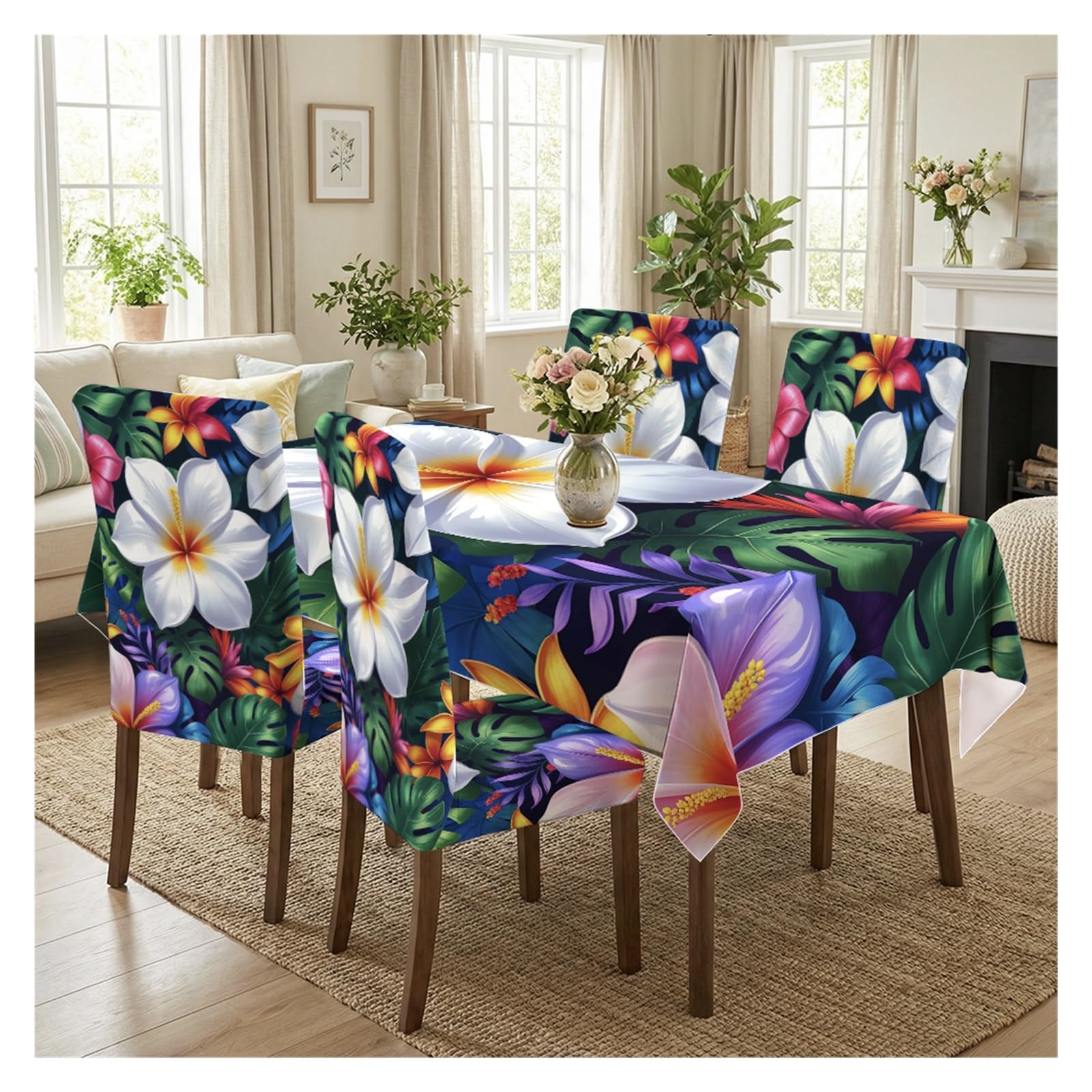 KXUAUV Tropical Hibiscus Monstera Dining Chair Covers & Tablecloth Set, 5/7 Piece Exotic Floral Slipcovers For Summer Island Home Decor Party Decor(5pcs Set: Tablecloth+Chair Covers)