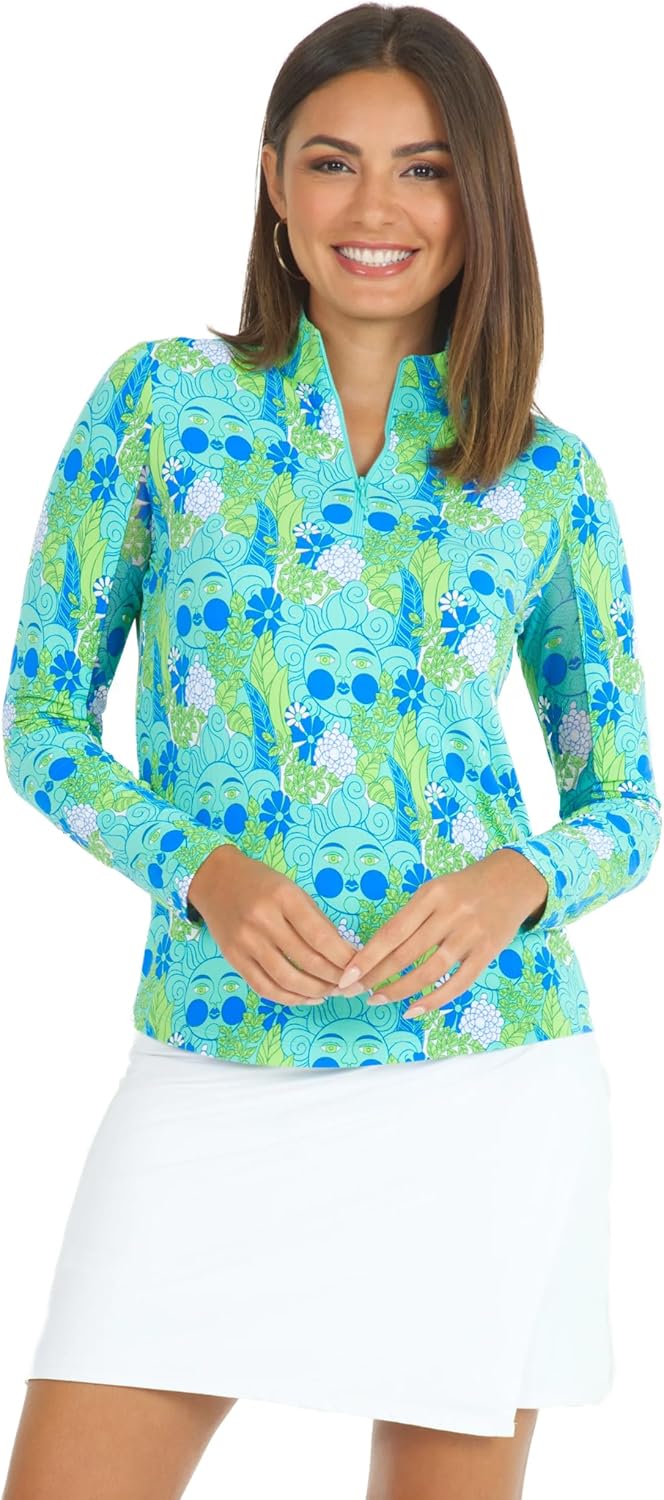 IBKUL Women’s Sun Protective UPF50+ Icefil Cooling Nadia Print Long Sleeve Mock Neck Top – 10760 Jade/Lime Nadia XL