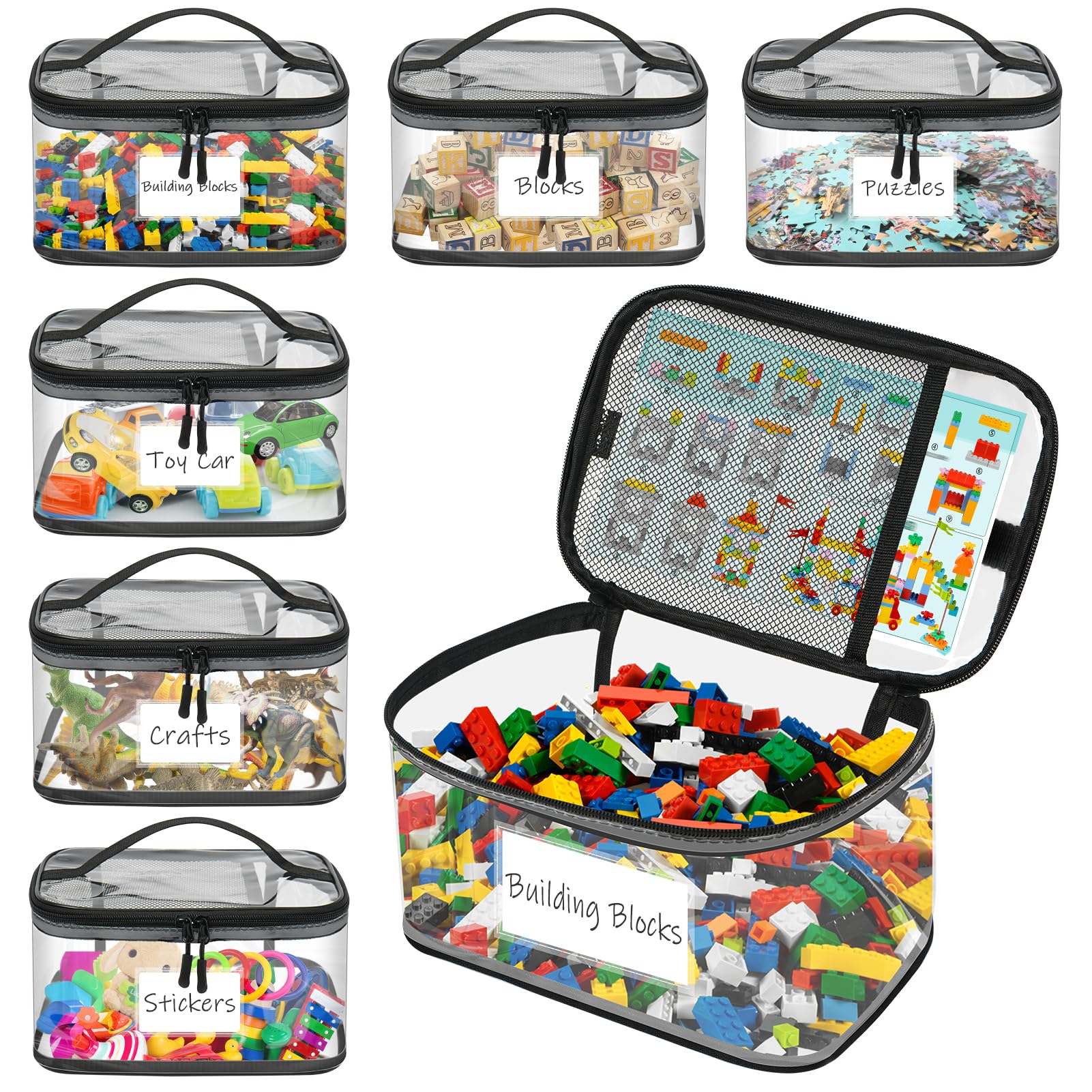 6 Pack Toy Storage Bags with Name Tag, Storage Bags with Zipper, Waterproof Clear PVC Toy Kids Organiser for Building Blocks, Puzzles, Clay, Small Models, Board Games — view 9