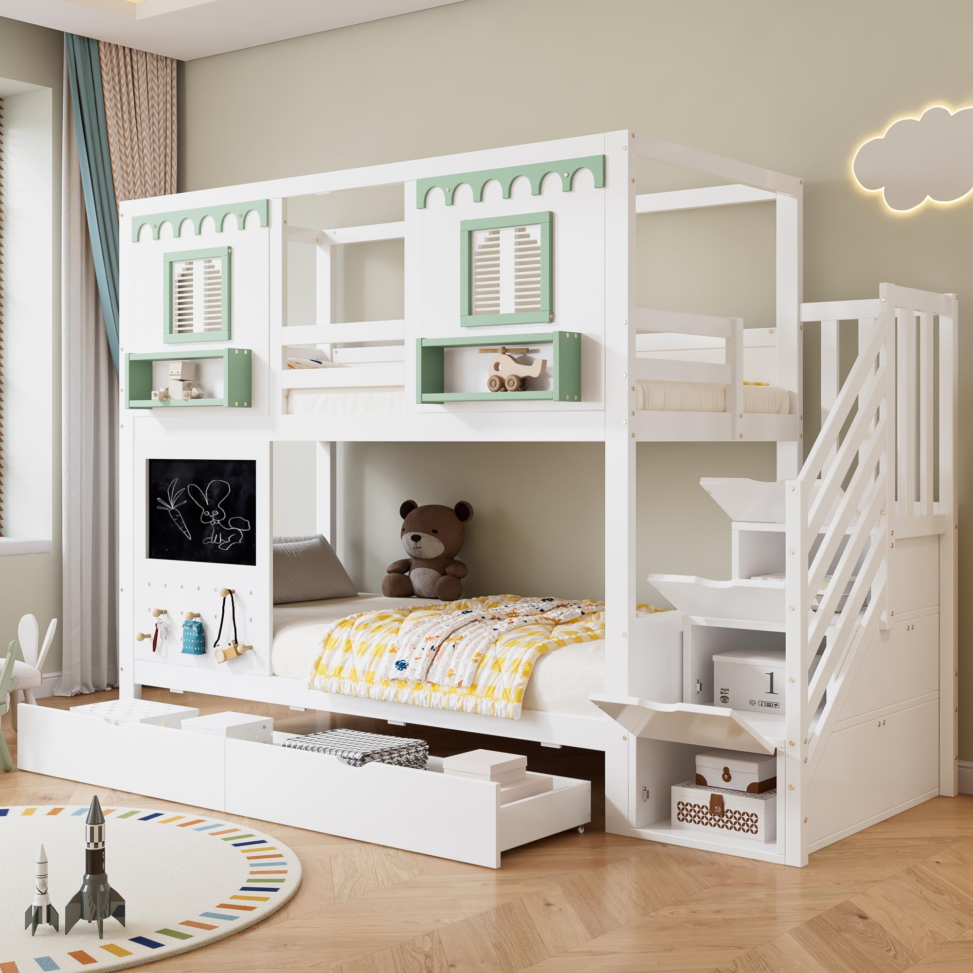 Letto a Castello per Bambini 90x200cm con 2 Cassetti e Scala Portaoggetti, piccola Area Forata + 5 Ganci in legno, Letto a Soppalco, Strutture letto di Pino, Bianco + Verde(Senza Materasso)