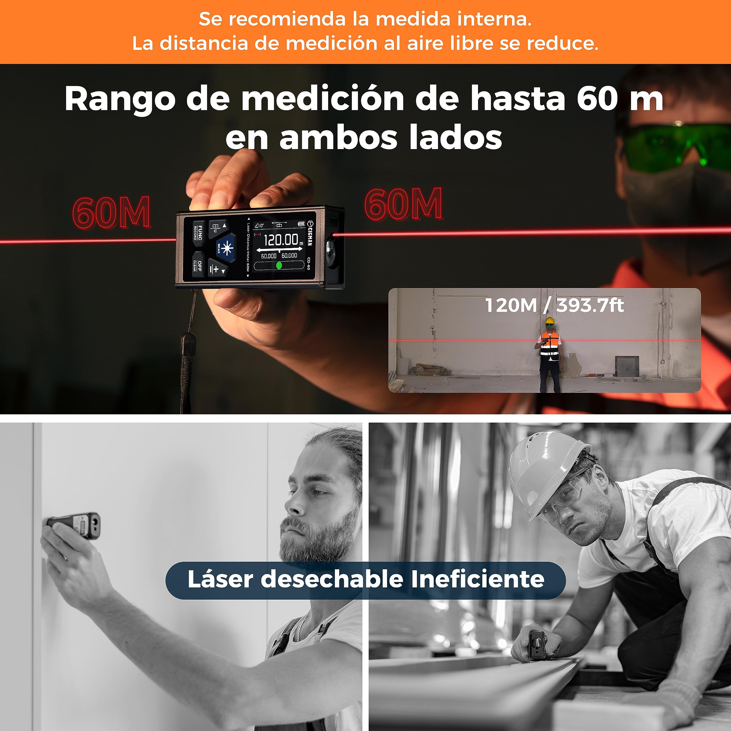 CIGMAN Telémetro Láser Bilateral, hasta 120m (hasta 60 m en Cada dirección), batería Recargable, Cable de Carga Tipo C, CD-60