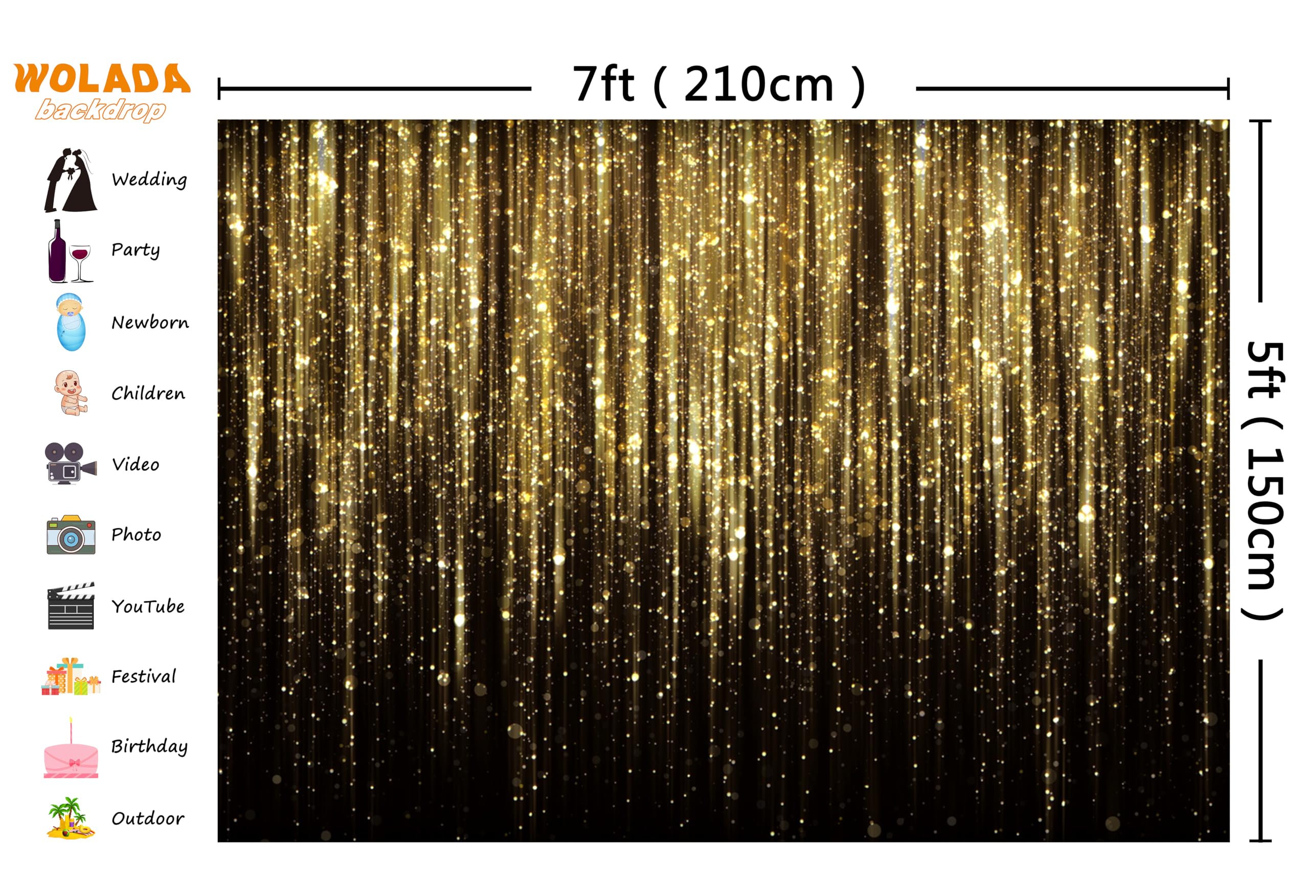 Telón de fondo dorado negro y dorado con purpurina, telón de fondo dorado con serpentinas doradas, telón de fondo dorado Bokeh 7 x 5 pies FW53