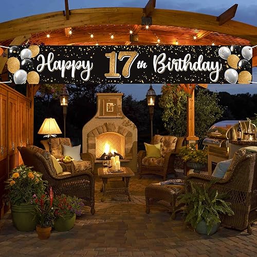 Vista 172 de Cartel de feliz cumpleaños 25 negro y dorado para patio, cartel de felicitación a 25 años de edad, telón de fondo fotoprop para el hogar, decoración