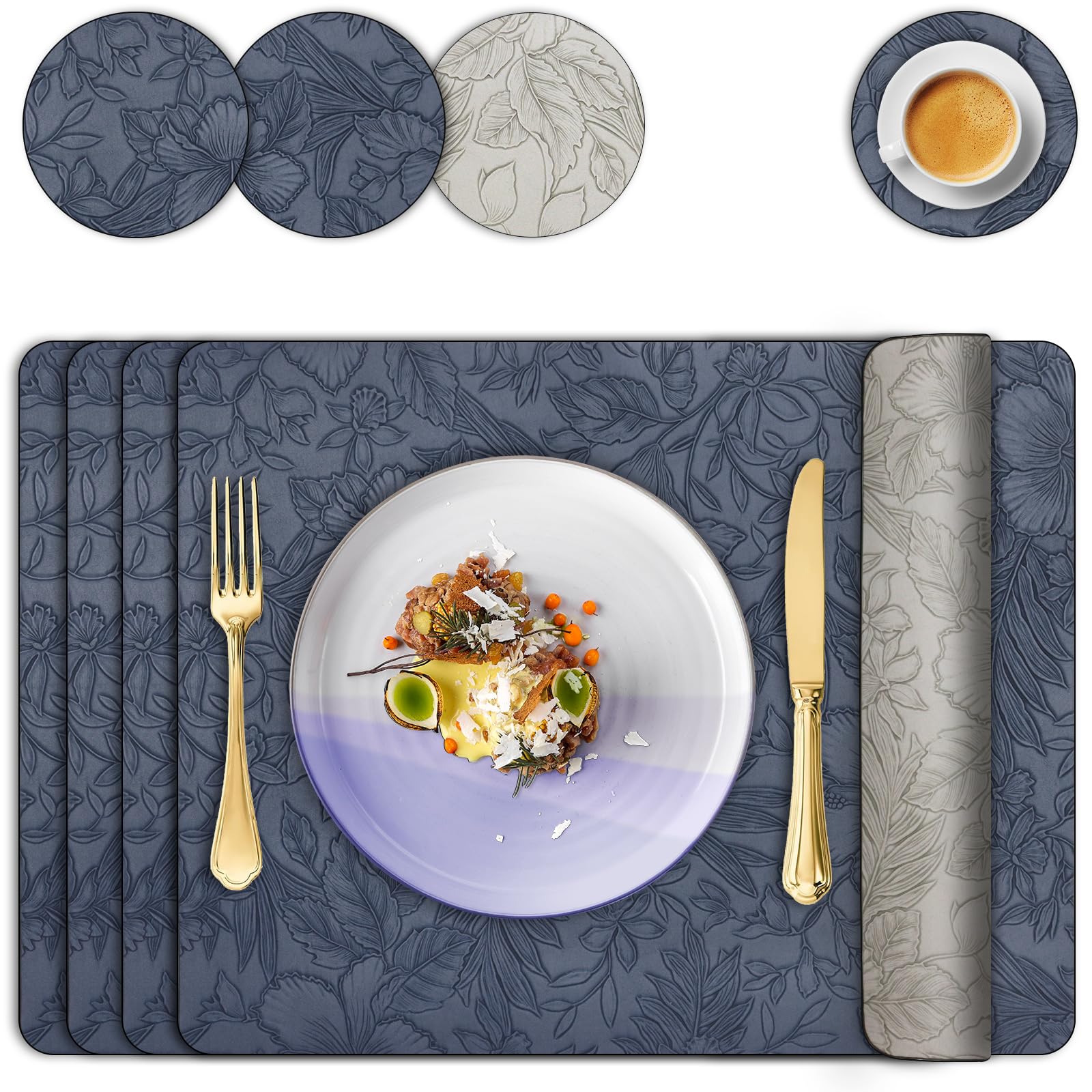 Placemats and Coaster Sets 4, Faux Leather Table Mats Heat-Resistant Waterproof Non Slip