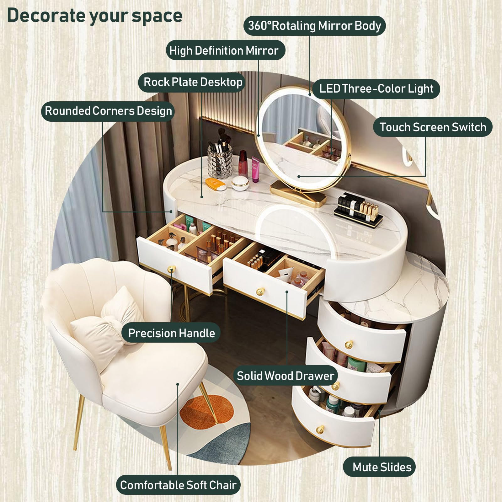 Postazione Trucco con Luci e Specchio, 3 Modalità Colore e Luminosità Regolabile, Toeletta da Trucco con 6 Cassetti in Legno, Sedia in Velluto per Donne, 80/100 * 40 * 78 CM