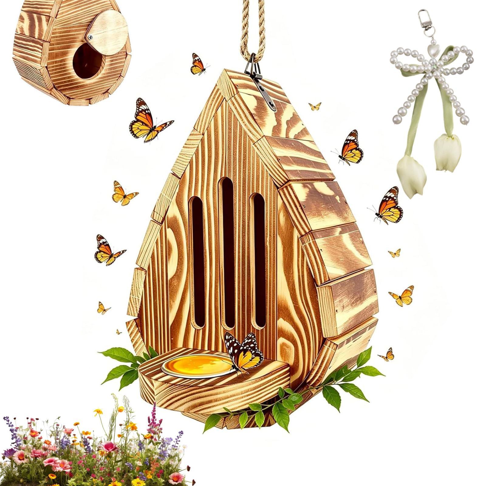 Teardrop Shaped Wooden Butterfly House, Butterfly House For Garden, Hanging Butterflys Habitat & Feeder with Rope, Outdoor Butterflys Shelter, with Puddler, for Balcony Yard Garden Decor (1pc)