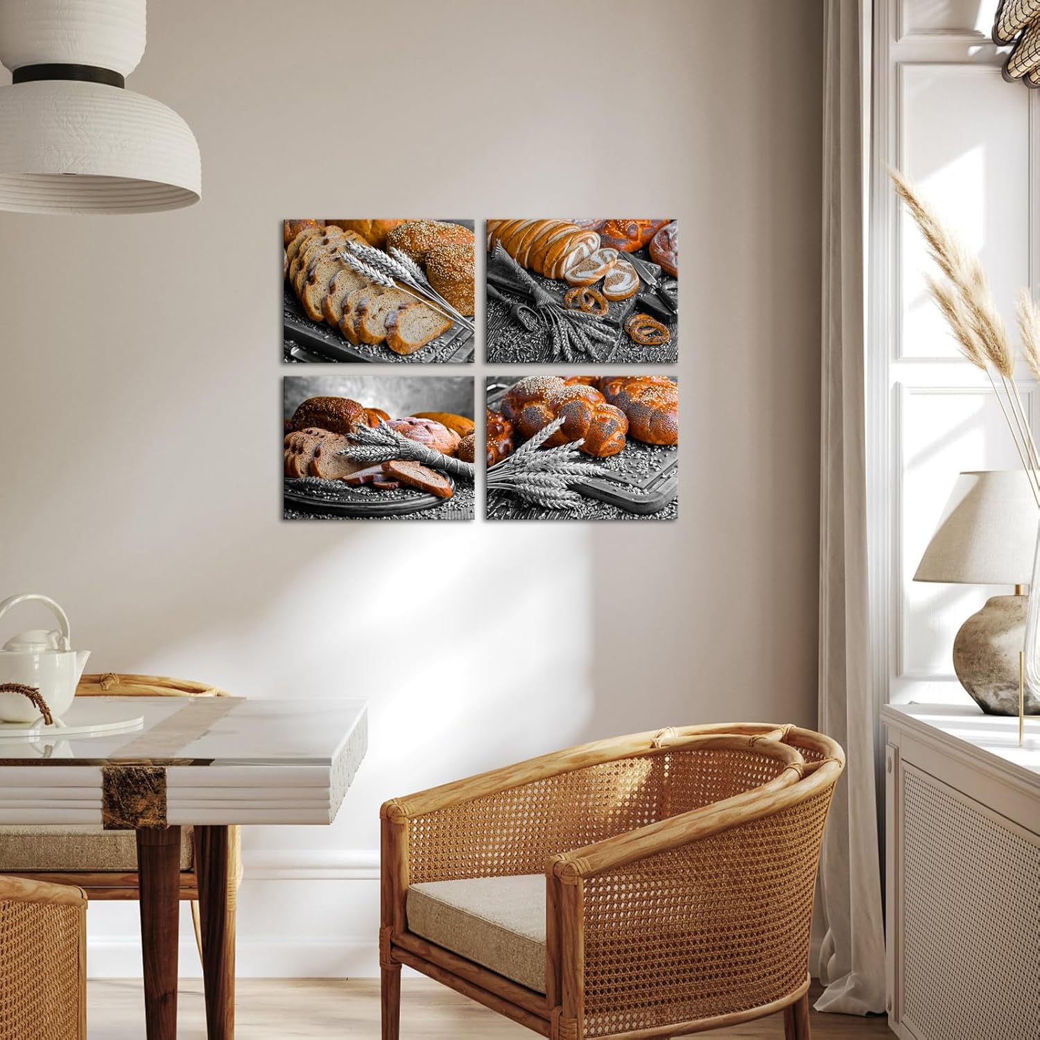 iLOOKLiKE 4 Pieces Black and White Kitchen Wall Art Bread with Wheat Ears Canvas Prints Modern Food Pictures Painting Framed for Home Decor Dining Room Living Room Ready to Hang 12x16inchx4pcs
