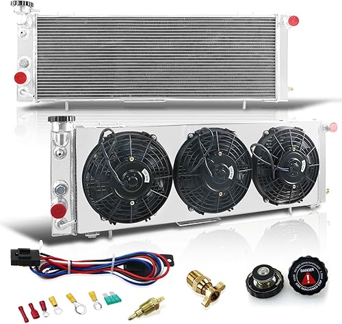 Pro - Radiador SBR1193 de aluminio de 3 filas + ventilador de 3 x 9 pulgadas con cubierta + termostatorelé kit de cables para Jeep Cherokee XJJeep