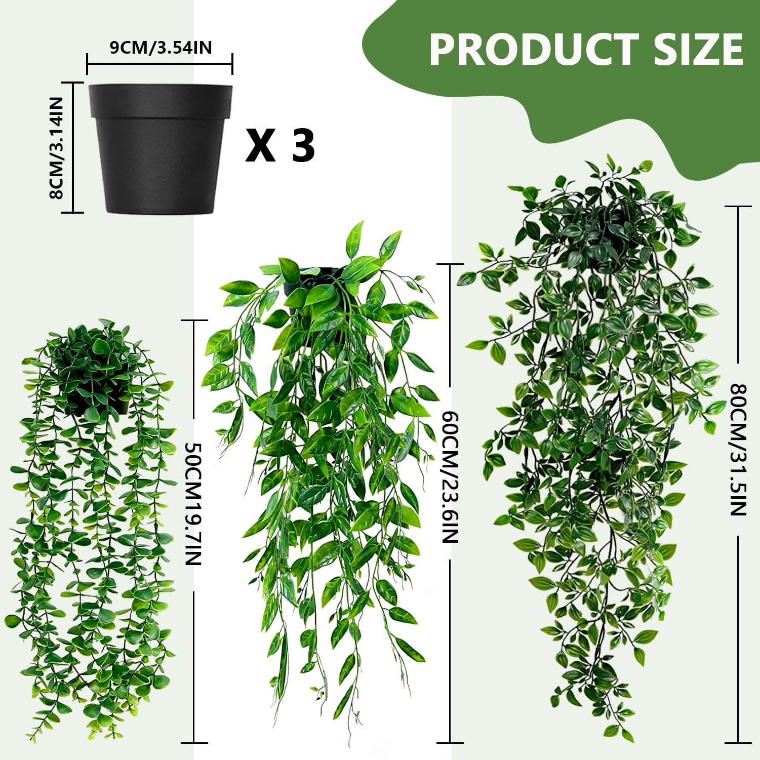 Favuit Sztuczne rośliny wiszące z doniczkami, 3 sztuki, sztuczna roślina, liście eukaliptusa, długość 65 cm, nie wymaga konserwacji, sztuczne rośliny, winorośl, do biura, ogrodu, na imprezę, dekoracja