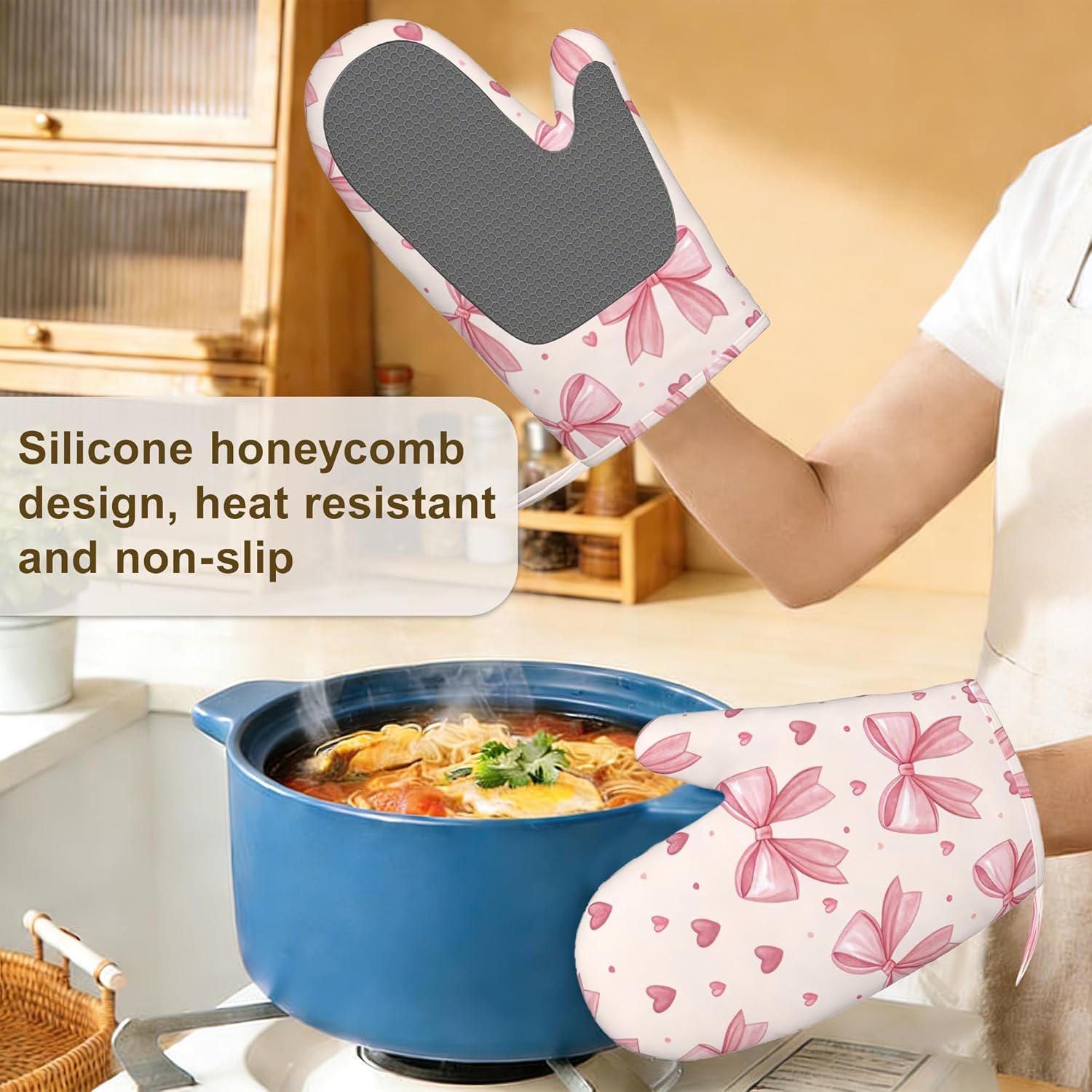 Oven Mitts and Pot Holders Pink Bows Hearts Silicone Kitchen Accessories Set of 4 Heat Resistant Gloves Potholder Non-Slip Grip for Chef Cooking Baking Grilling BBQ