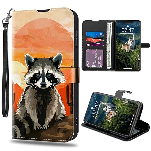 CAPAUNVDA for iPhone 15 Pro 6.1 inch Wallet Case with Credit Card Slots Holder, PU Leather Shockproof RFID Blocking Cover for iPhone 15 Pro 6.1 inch,Cute Raccoon Cactus - Cute Raccoon Cactus - iPhone 15 Pro 6.1 inch
