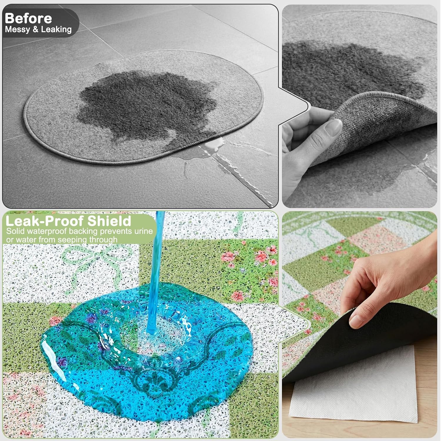 Bienbee Cat Litter Mat, 24" x 15" Litter Box Mat Rug with Non-Slip Bottom,Urine and Water Proof, Easy to Clean Cat Supplies Essentials for Indoor Kitty Kitten Floor, Green Floral Knot M image 3