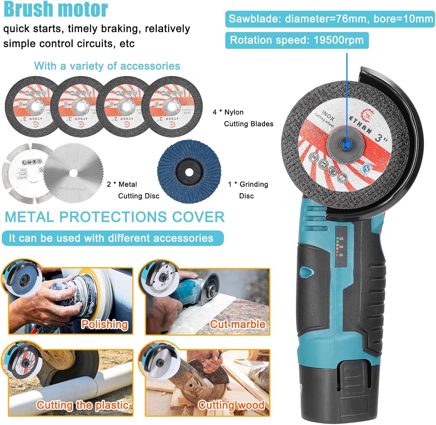 Hancaner Mini Smerigliatrice ad angolo senza fili 19500 RPM 12V Professional Dischiatore Senza Fili | 2 Batteria 2.0 Ah | 6 Dischi da Troncare 76mm | Smerigliatrice Angolare Senza Fili per Rettifica e