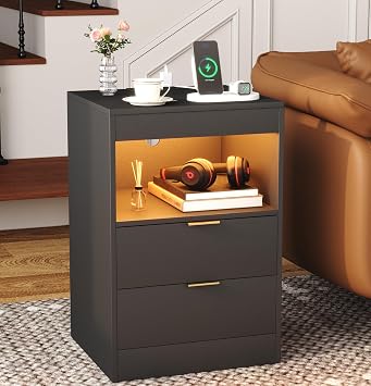 Yusong LED Nightstand Bedside Table with Charging Station 2 Drawers, Black Modern Sofa Couch End Side Table with Lights, Invisible Lock and Pull-Out Shelf for Bedroom Living Room