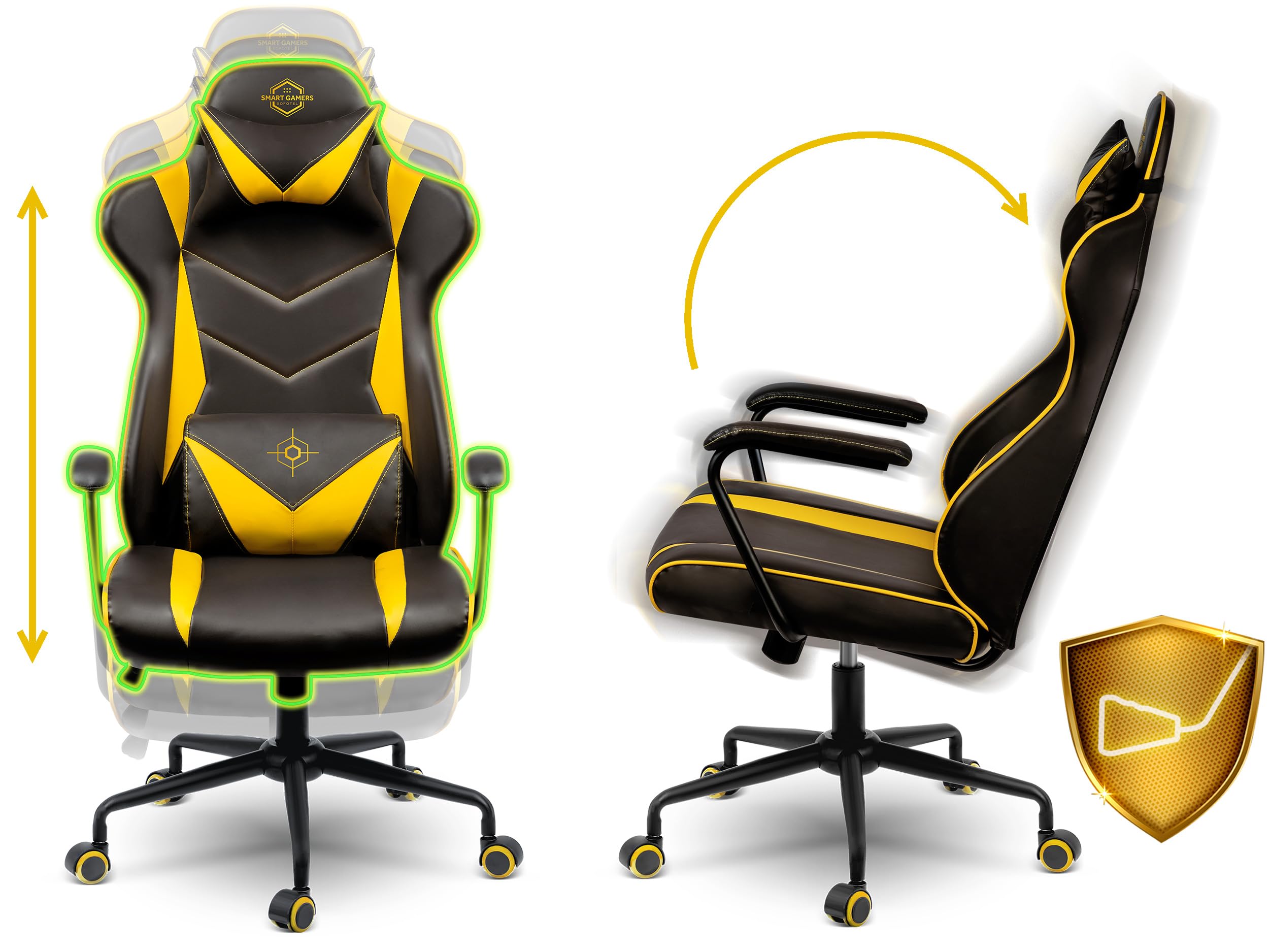 Sedia da ufficio ergonomica, da gioco, imbottita, ergonomica, per gaming, con poggiatesta, supporto lombare, braccioli, funzione basculante, per gaming, colore nero, giallo