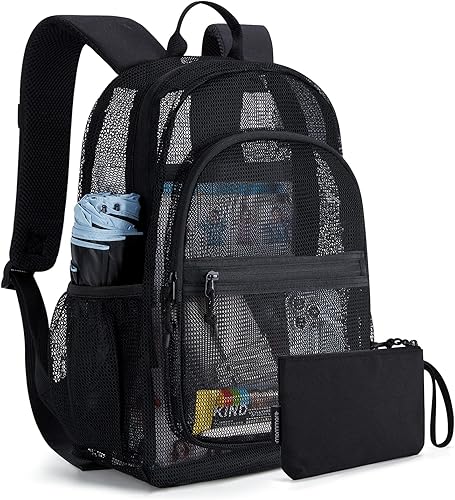 mommore Mochila de malla con bolsa para lápices para la escuela, bolsa de malla resistente para buceo, viajes, playa, gimnasio, A-Negro, Mochilas